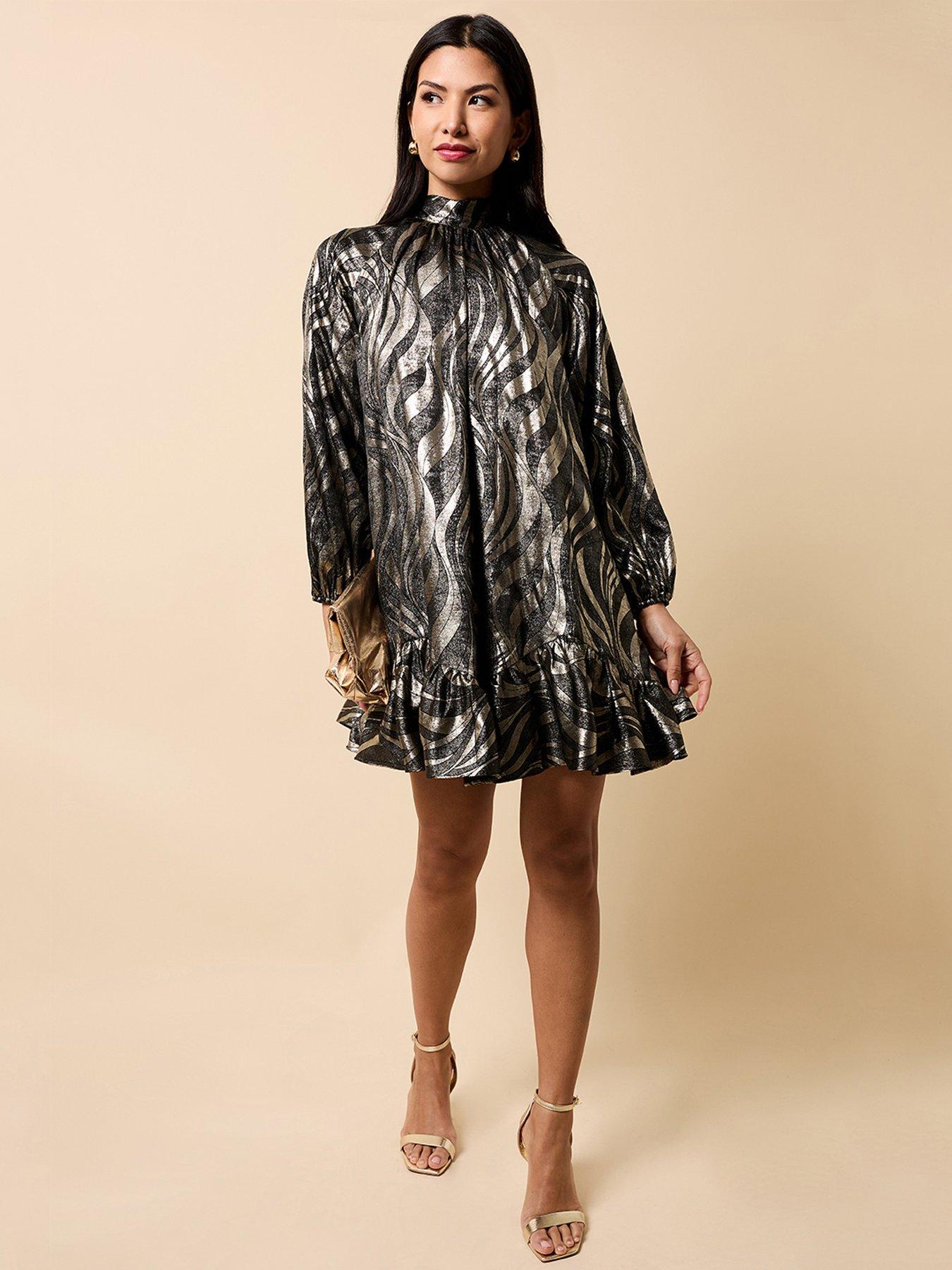 Image 1 of 4 of Little Mistress Black And Gold Foil Print Mini Dress