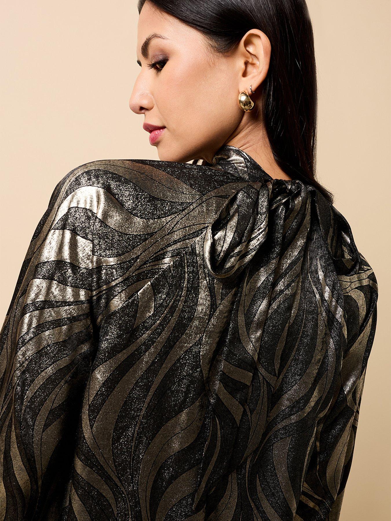 Image 4 of 4 of Little Mistress Black And Gold Foil Print Mini Dress