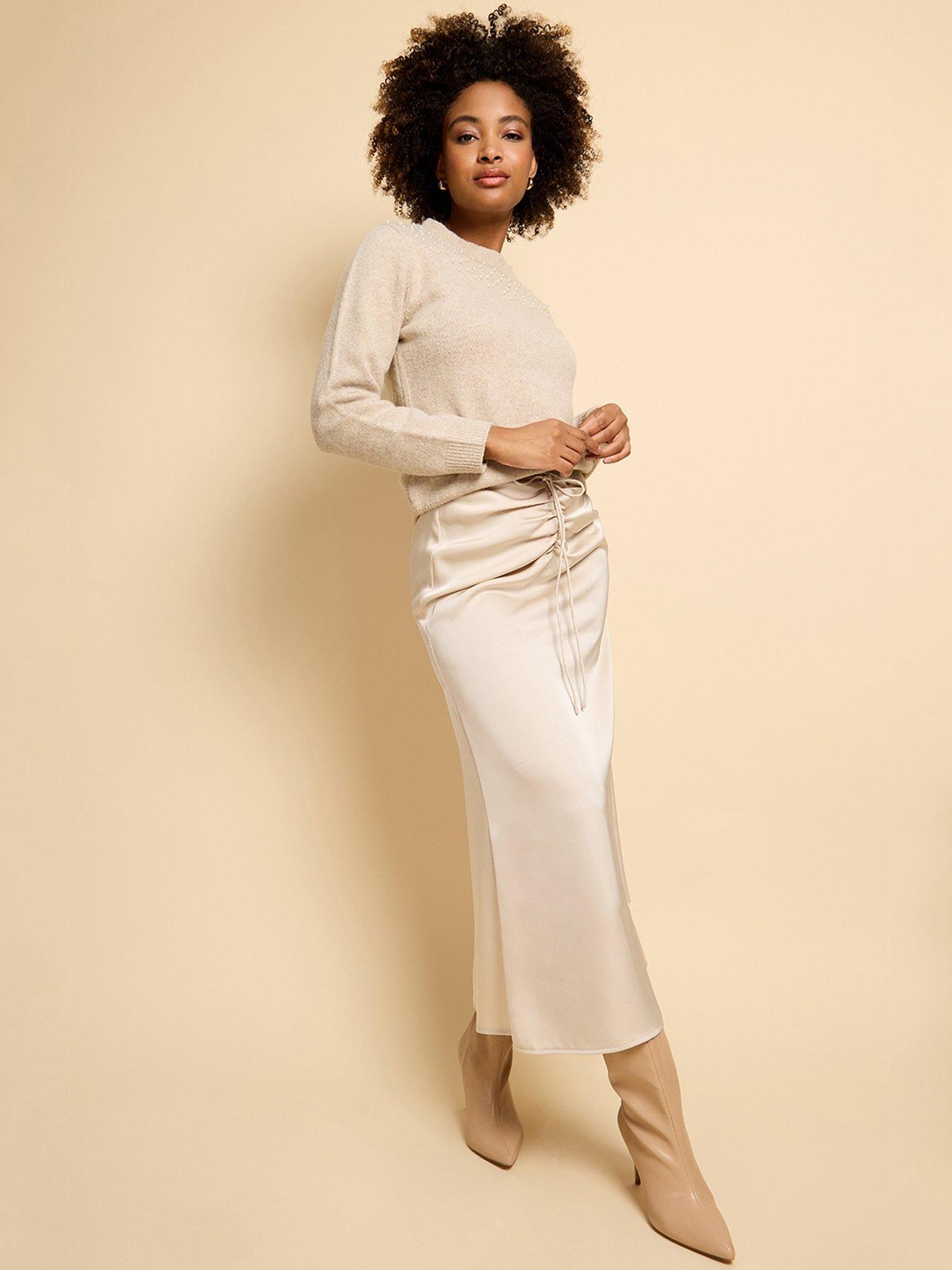 Image 1 of 5 of Little Mistress Gathered Detail Satin Midaxi Skirt - Champagne