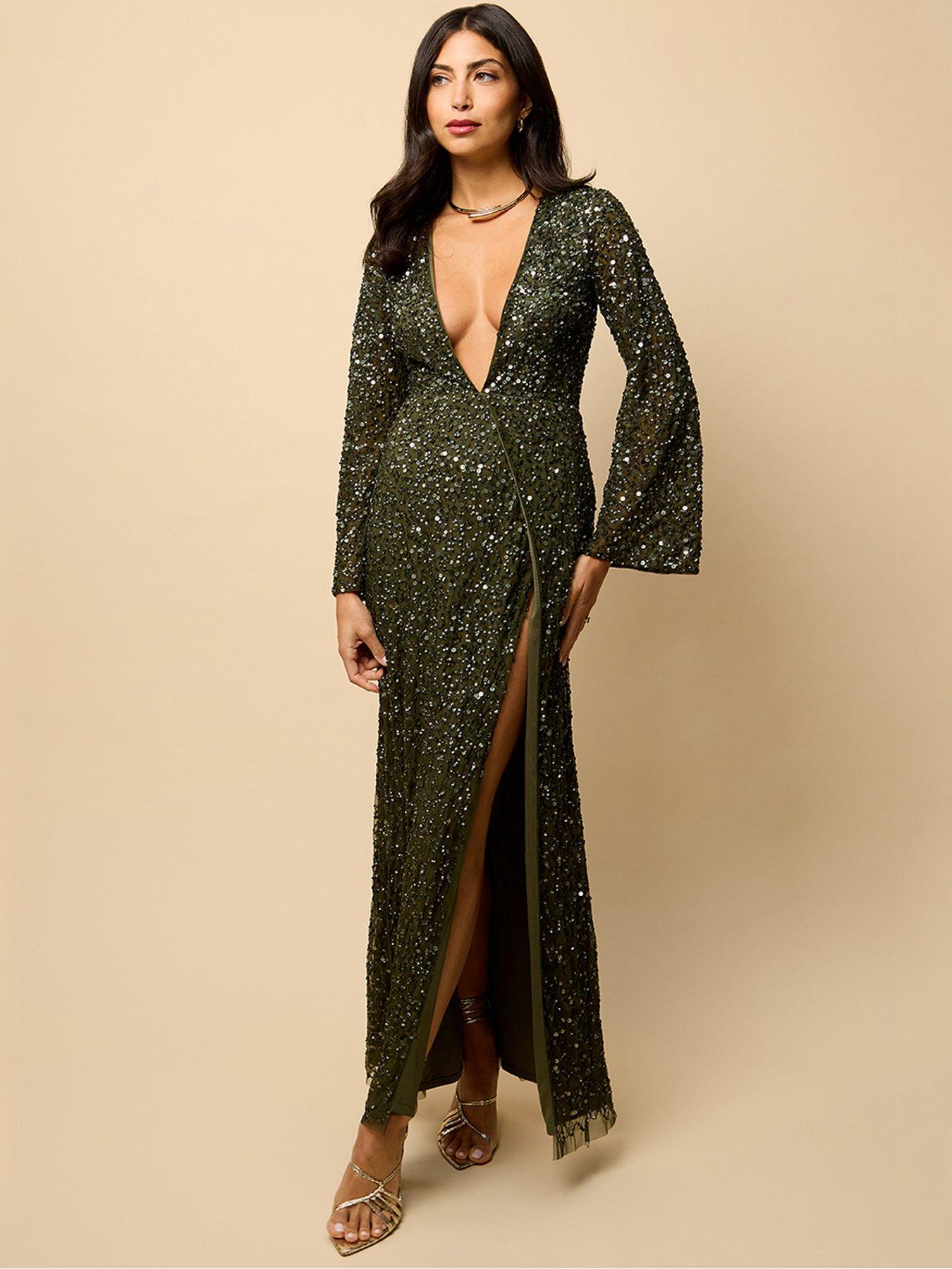 undefined Olive Wrap Embellished Maxi Dress