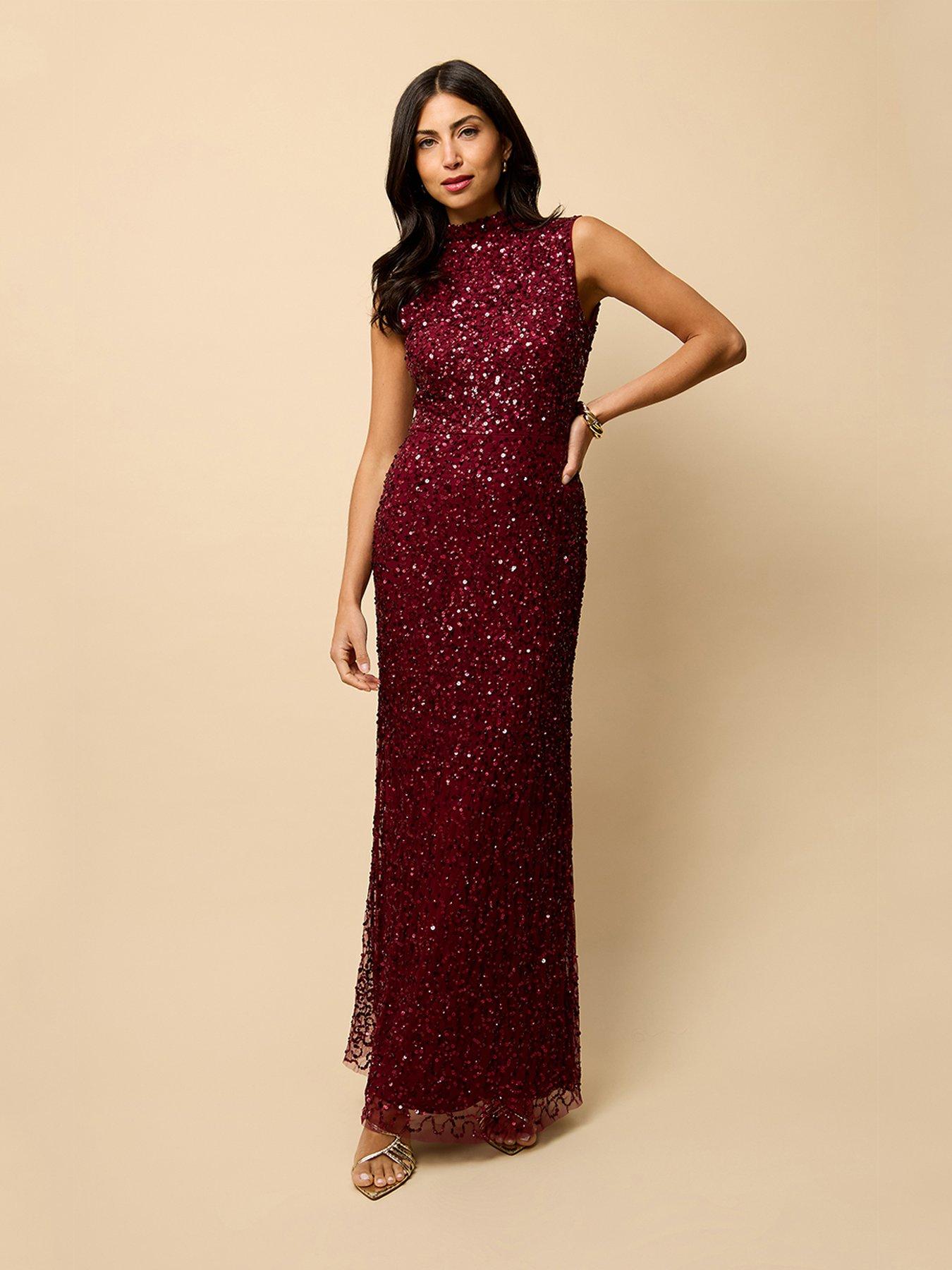 undefined Red High Neck Open Back Embellished Maxi Dress