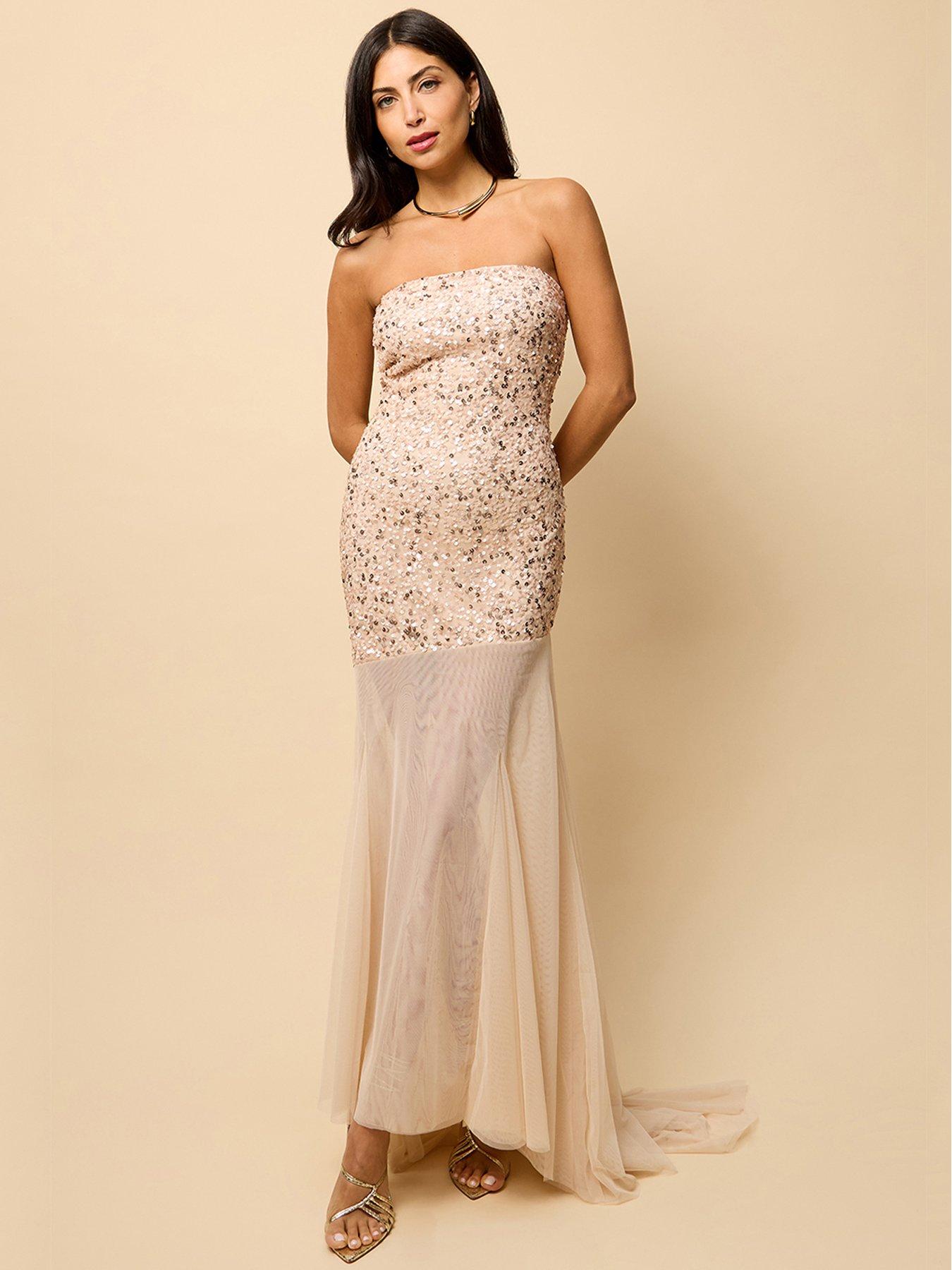 Image 1 of 4 of Little Mistress Nude Mesh Train Embellished Maxi Dress