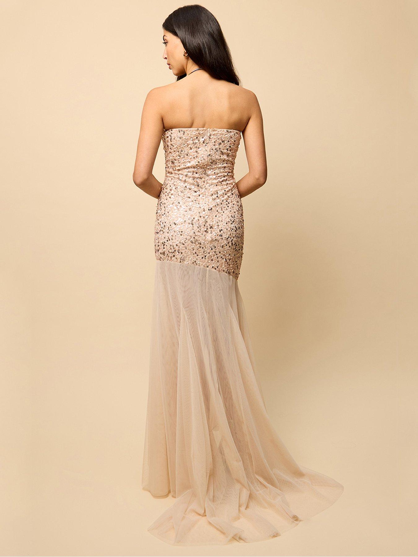 Image 2 of 4 of Little Mistress Nude Mesh Train Embellished Maxi Dress