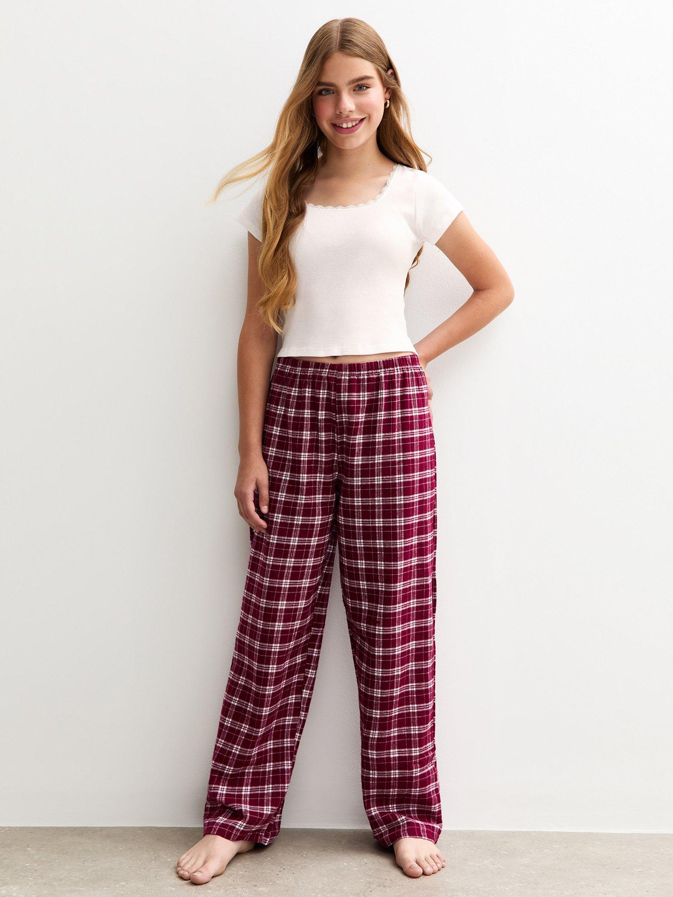 New Look 915 Girls Short Sleeve Top And Checked Trousers Pyjamas Set - Dark Red