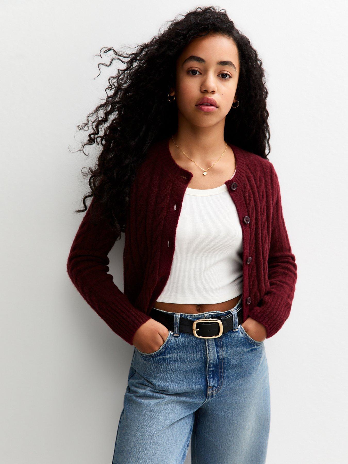 new-look-915-girls-cable-knit-cardigan-dark-red