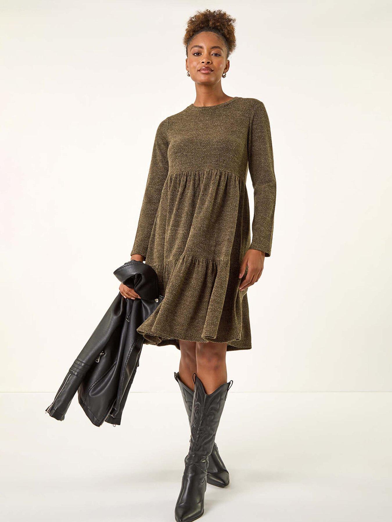 Roman Textured Frill Dress - Green