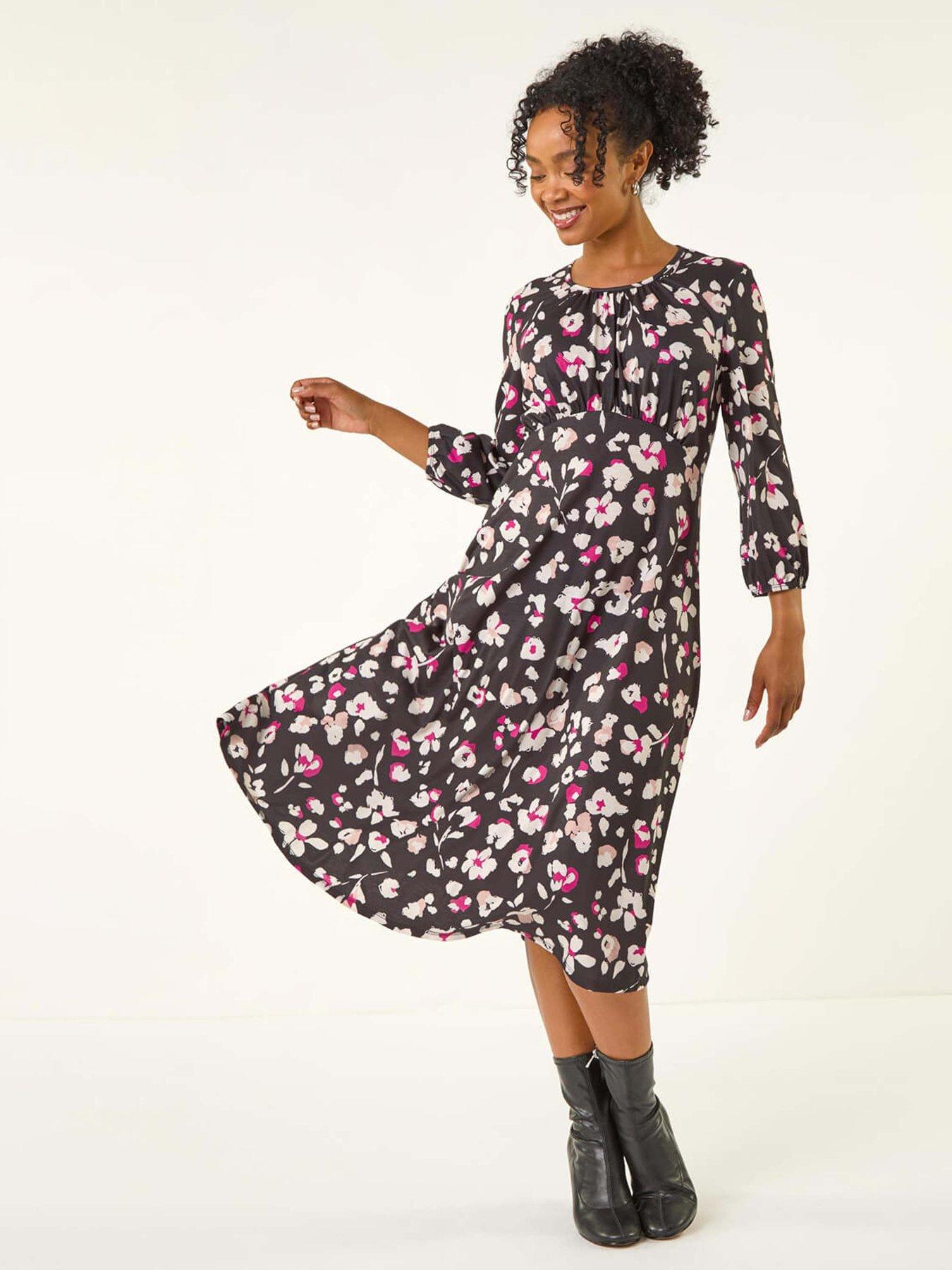 Image 1 of 5 of Roman Petite Floral Gathered Midi Dress - Black
