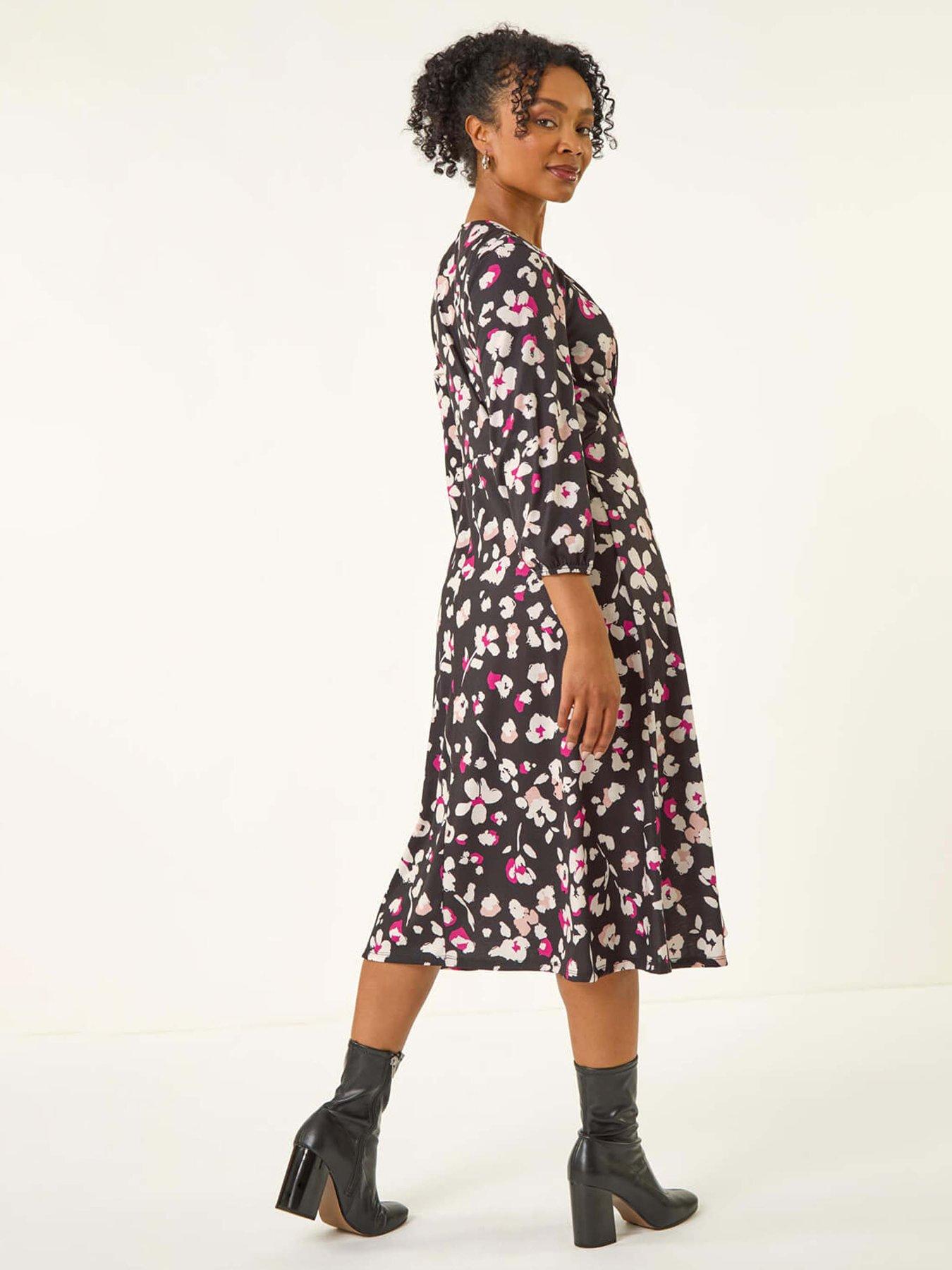 Image 2 of 5 of Roman Petite Floral Gathered Midi Dress - Black