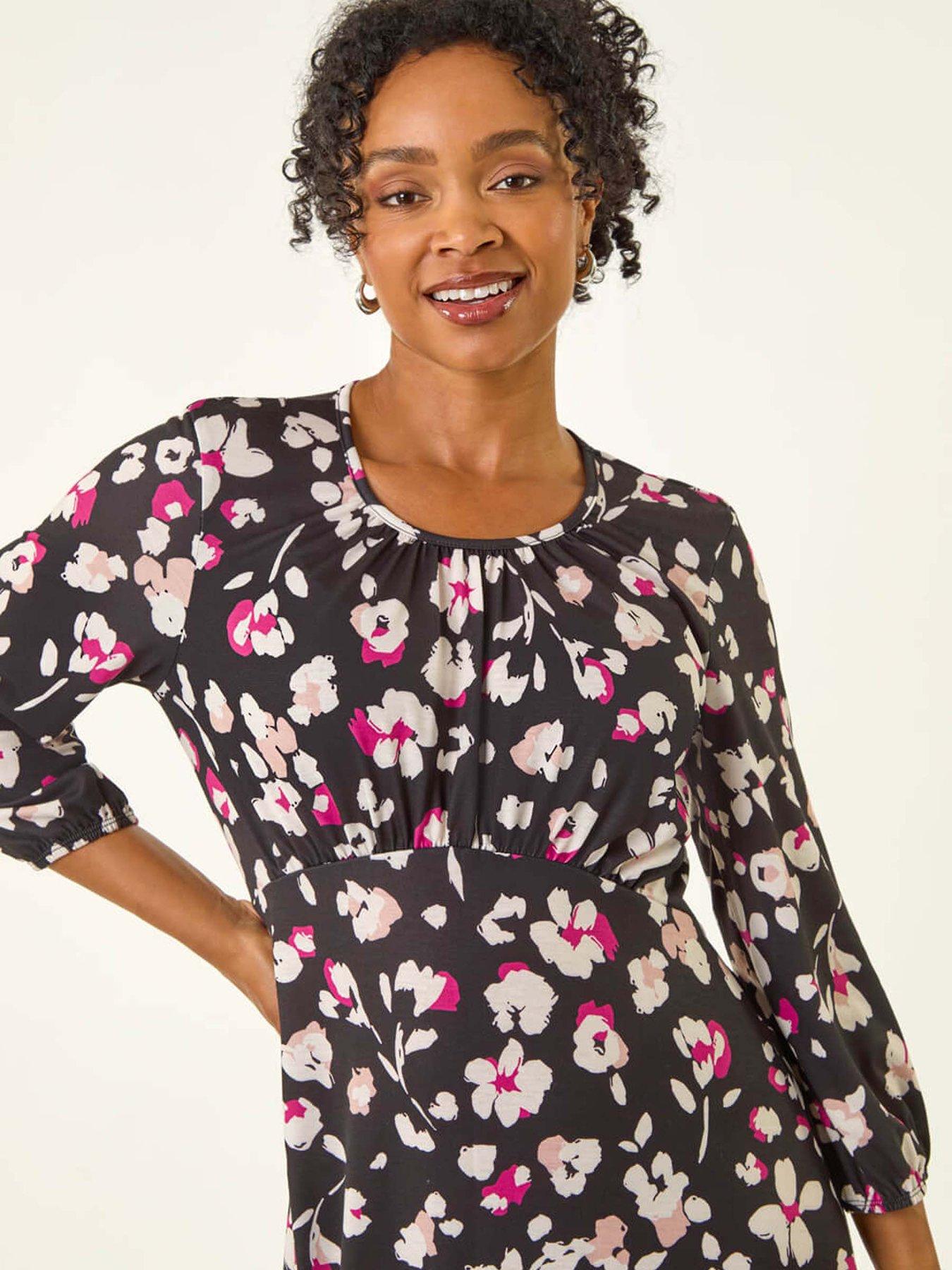 Image 4 of 5 of Roman Petite Floral Gathered Midi Dress - Black