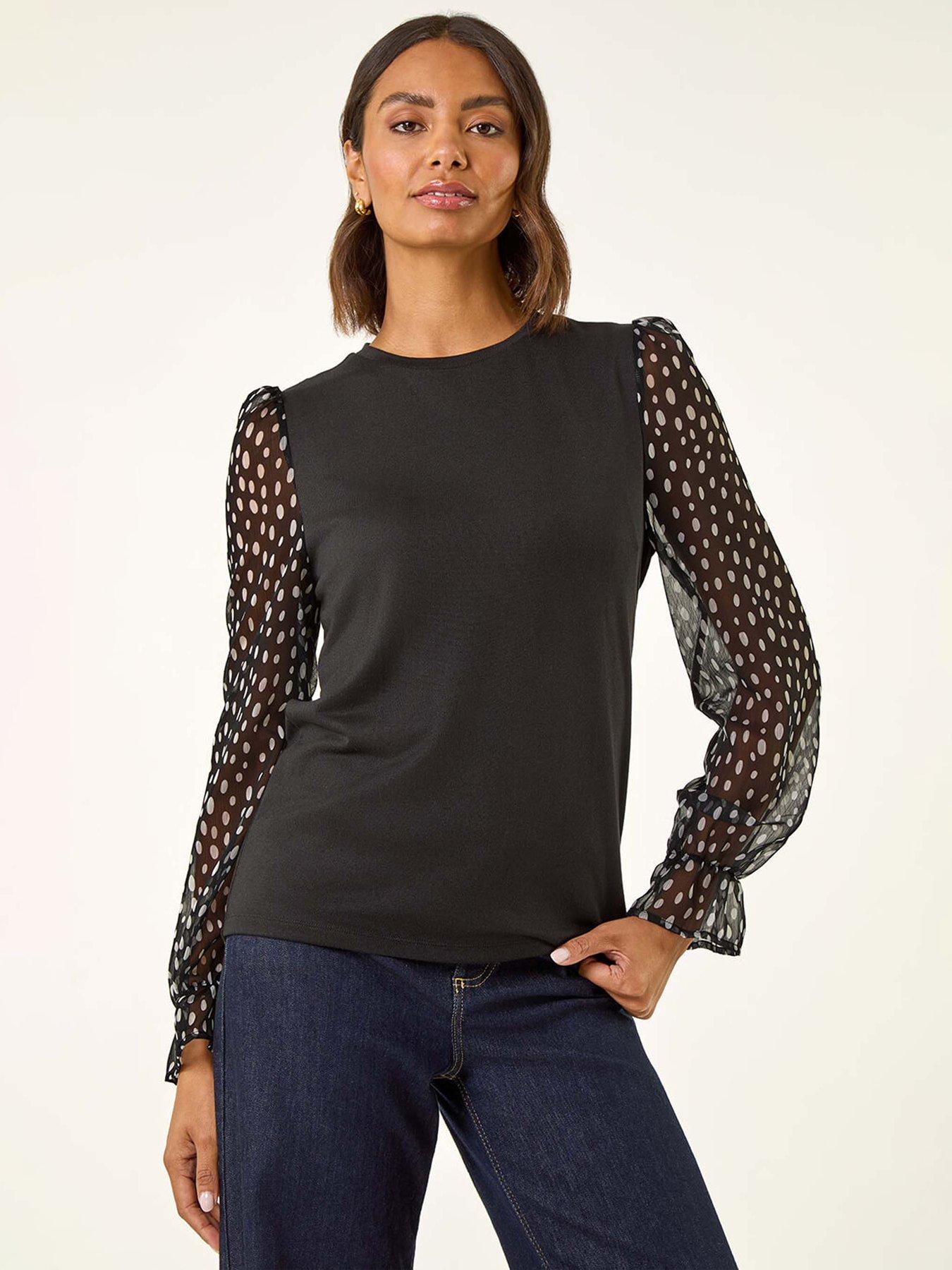undefined Printed Mesh Sleeve Top - Black