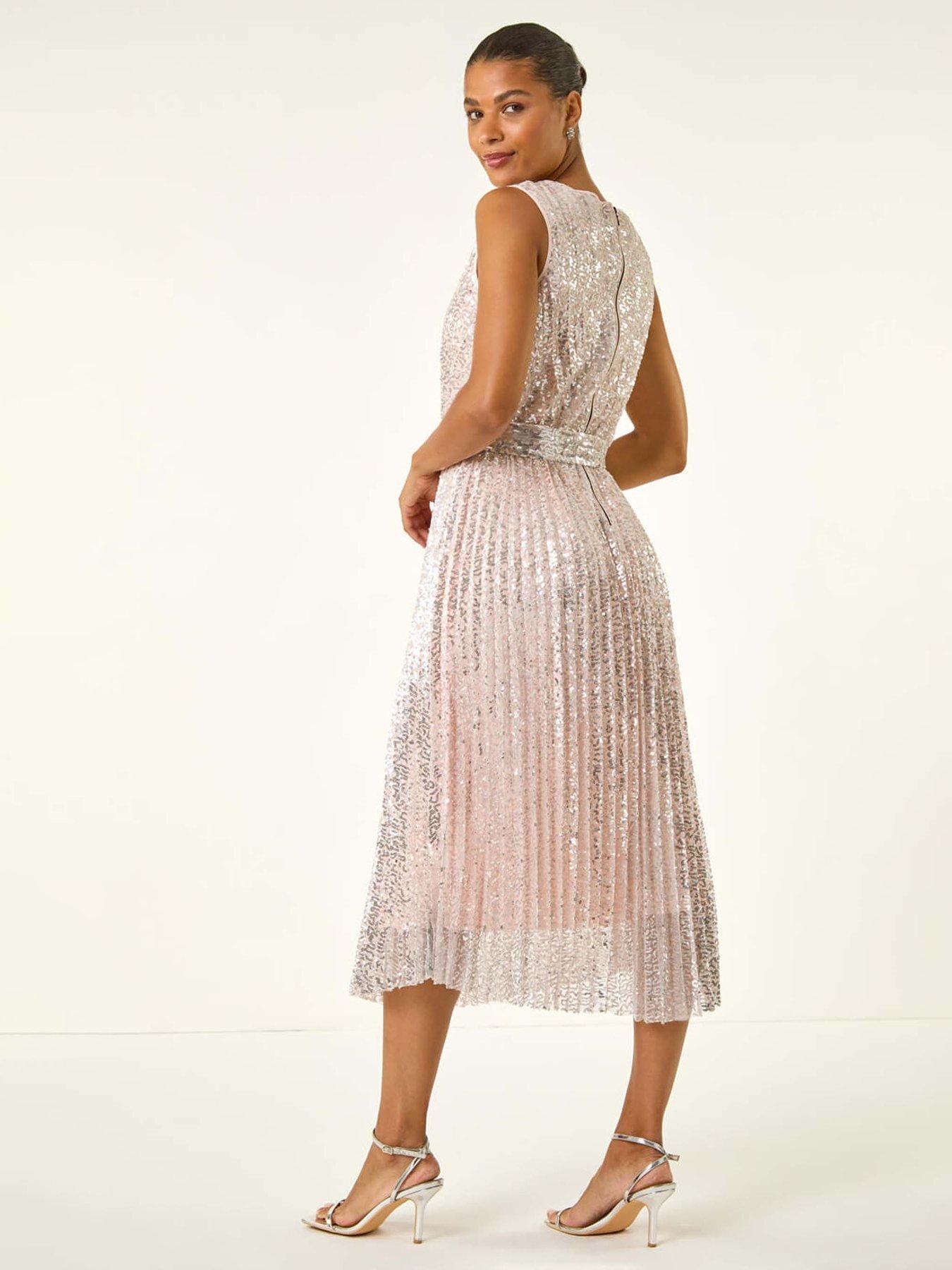  image of roman-sequin-detail-pleated-midi-dress-silver