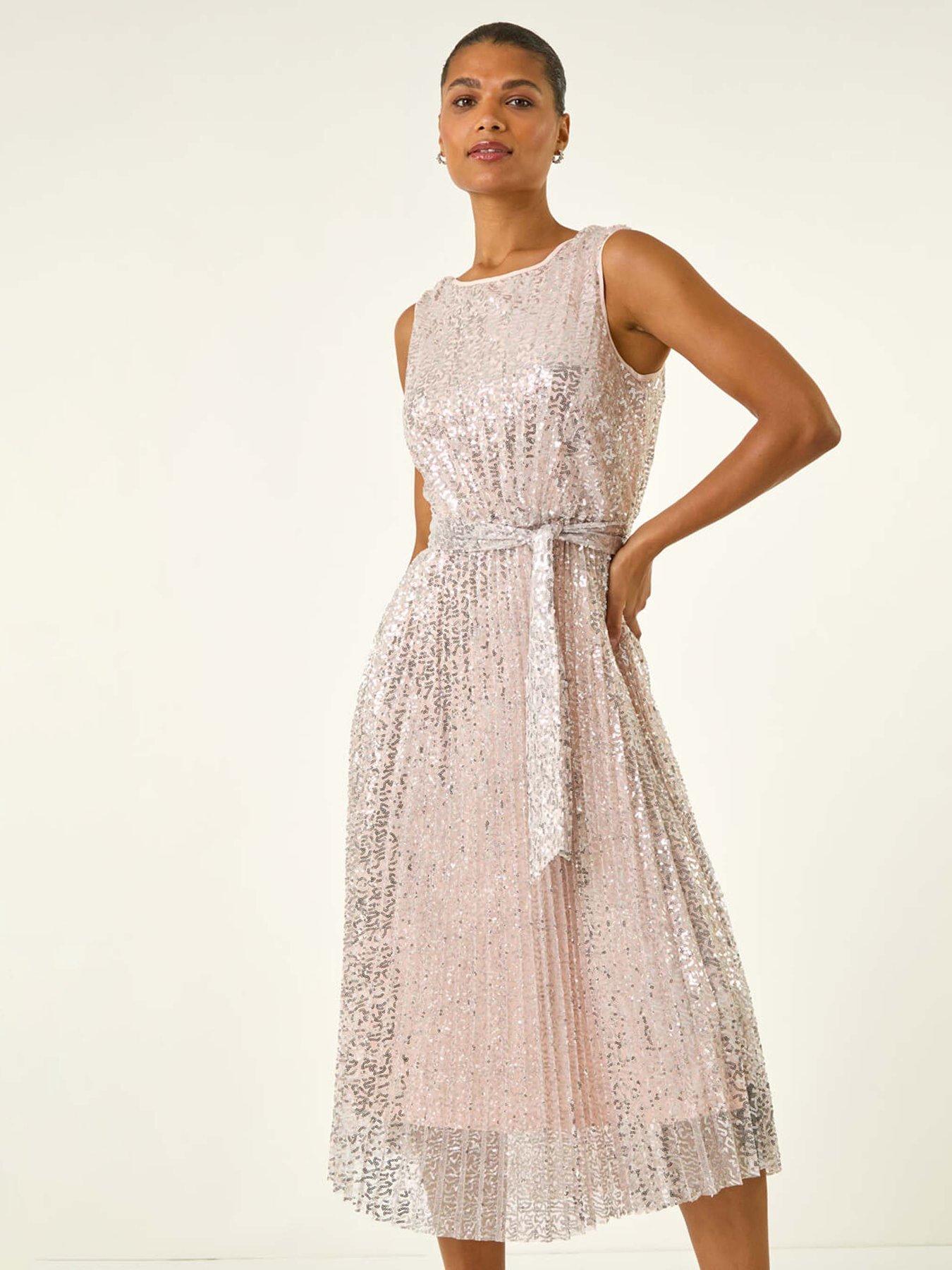  image of roman-sequin-detail-pleated-midi-dress-silver