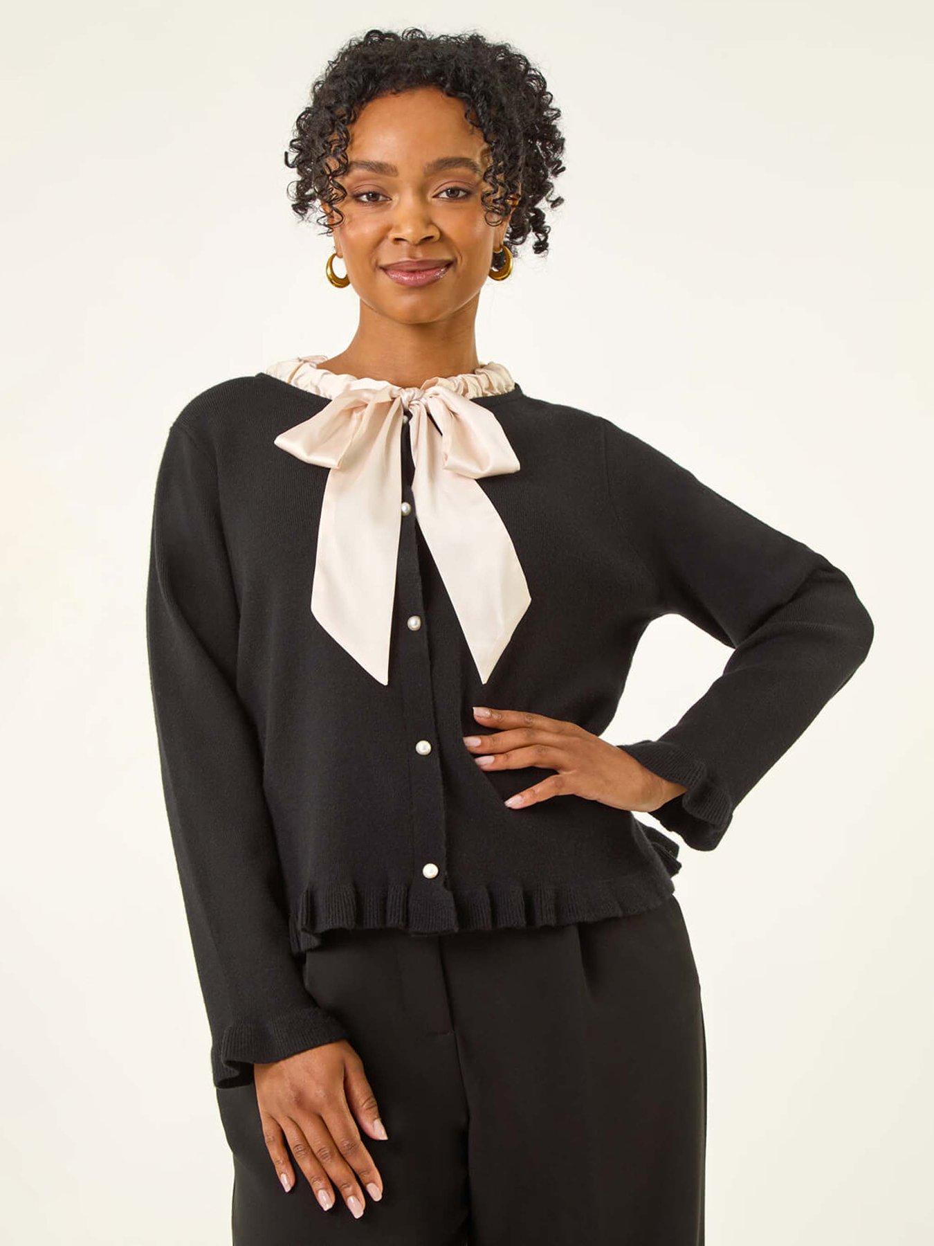Image 1 of 5 of Roman Petite Tie Neck Frill Hem Cardigan - Black