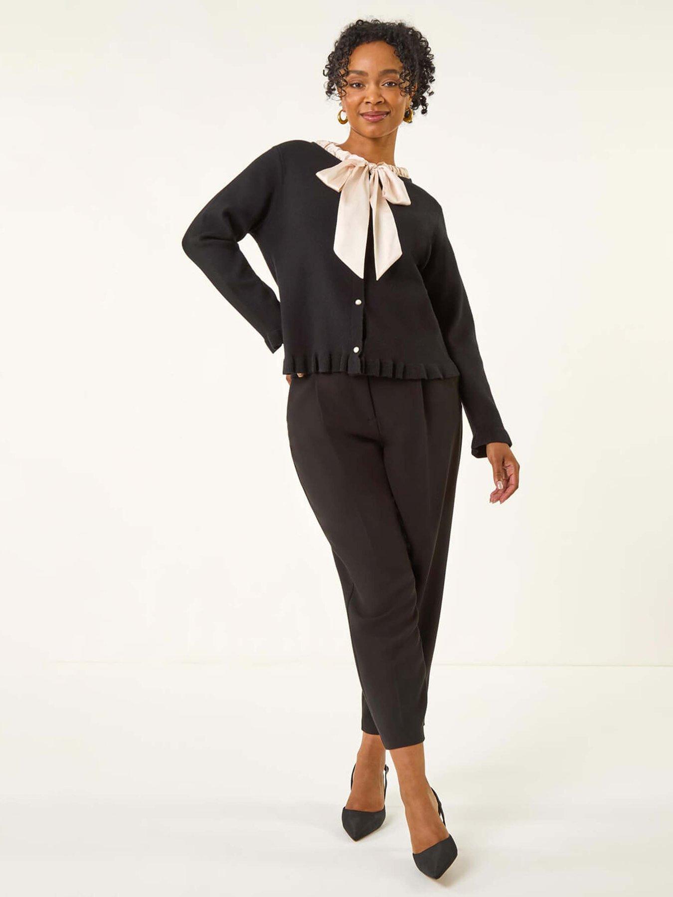 Image 3 of 5 of Roman Petite Tie Neck Frill Hem Cardigan - Black