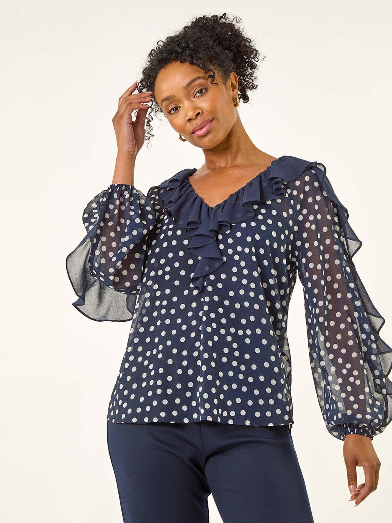 undefined Petite Spot Print Frill Top - Navy
