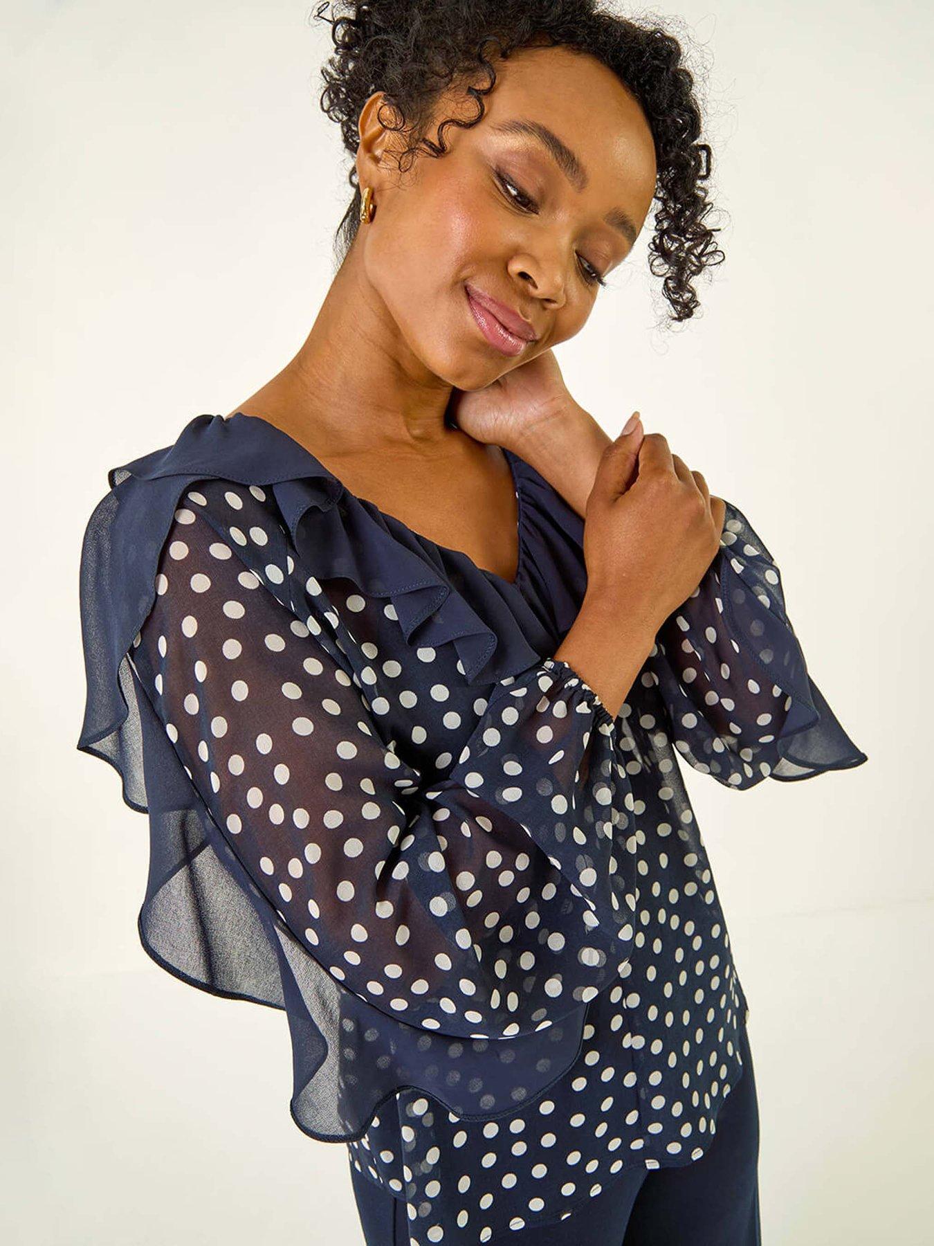 Image 4 of 5 of Roman Petite Spot Print Frill Top - Navy
