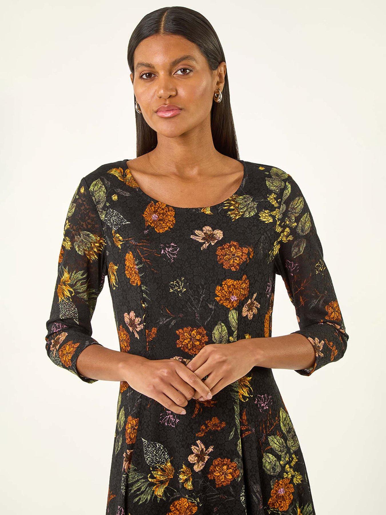 Image 4 of 5 of Roman Floral Print Lace Stretch Dress - Orange