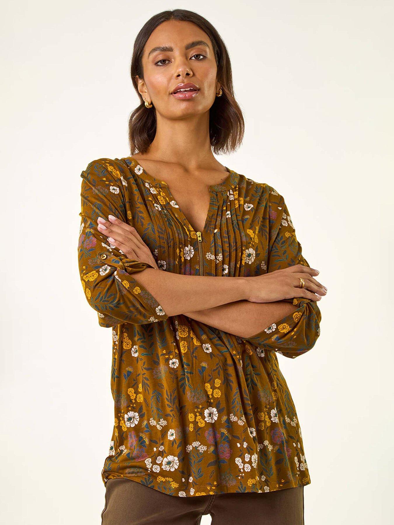 Roman Textured Floral Pintuck Tunic Top - Yellow