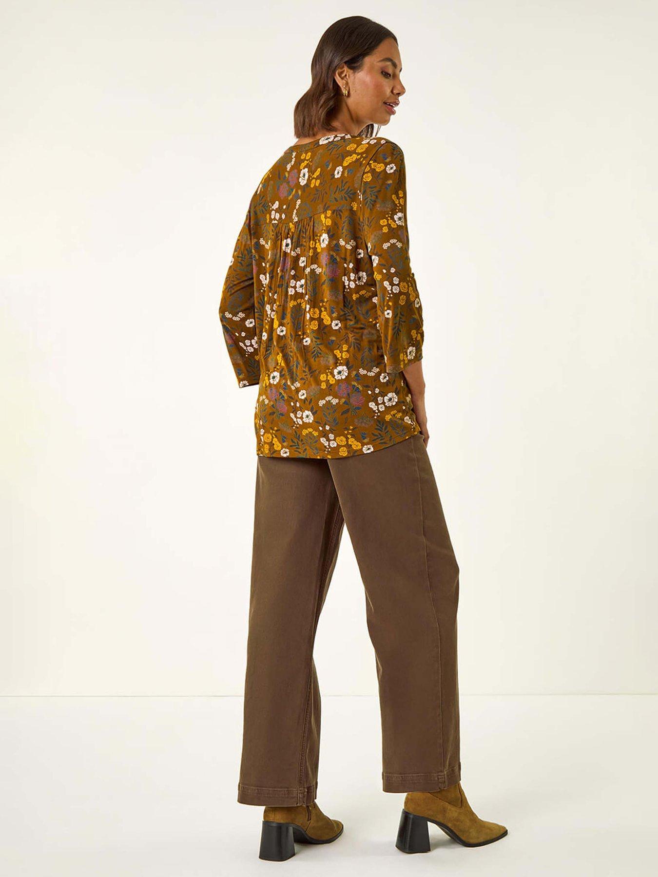  image of roman-textured-floral-pintuck-tunic-top-yellow