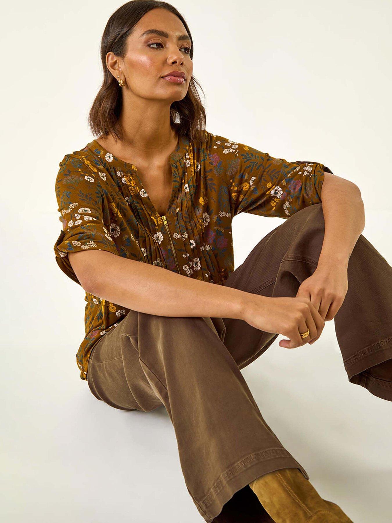  image of roman-textured-floral-pintuck-tunic-top-yellow