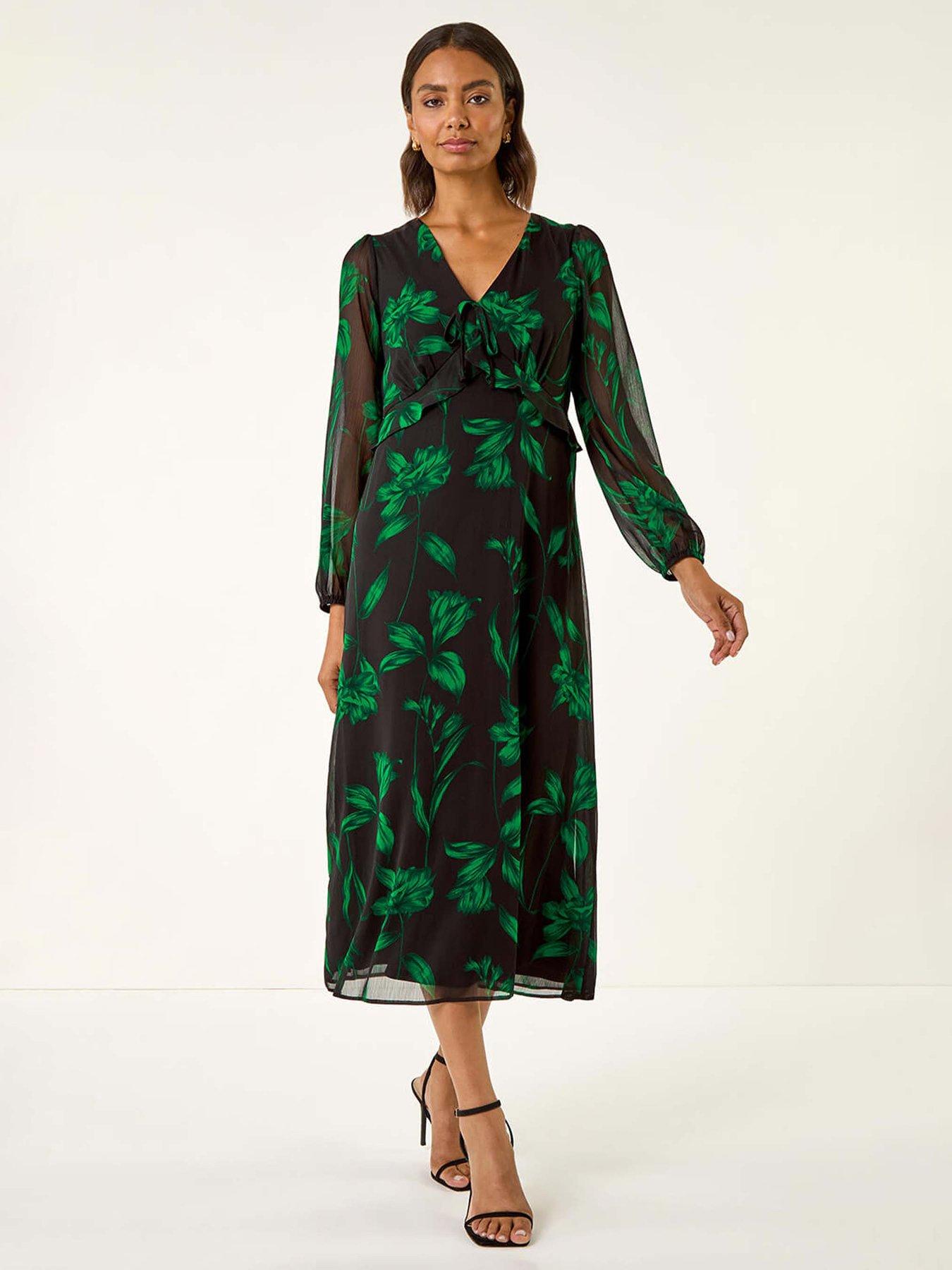 undefined Floral Frill Chiffon Midi Dress - Green