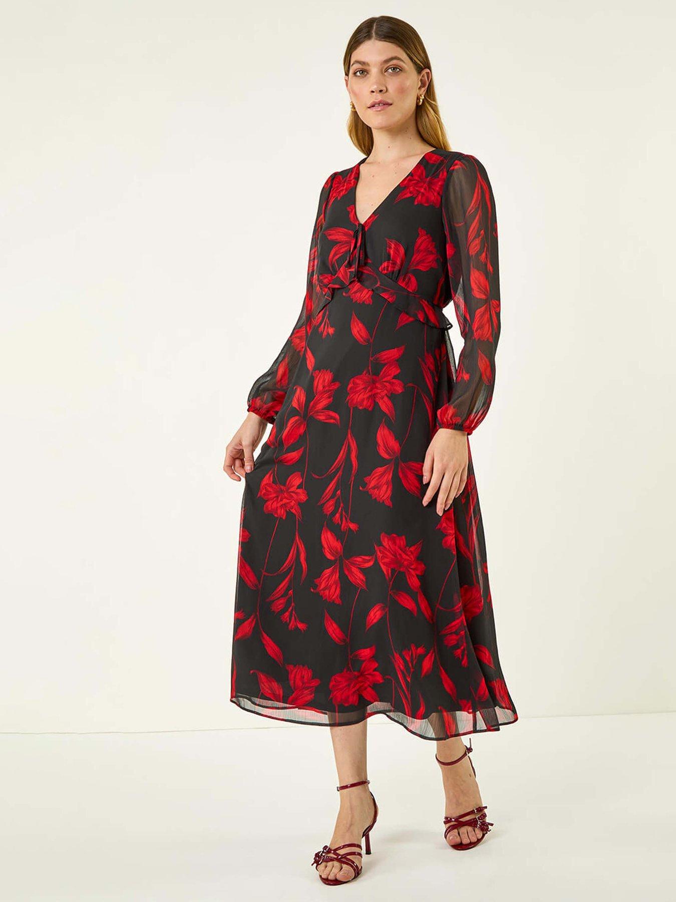 Roman Floral Frill Chiffon Midi Dress - Red
