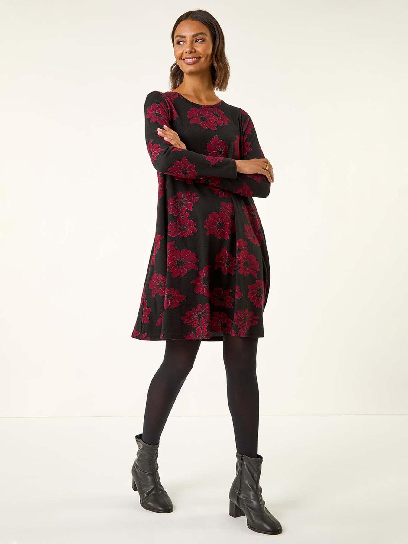 Roman Floral Print Stretch Swing Dress - Black
