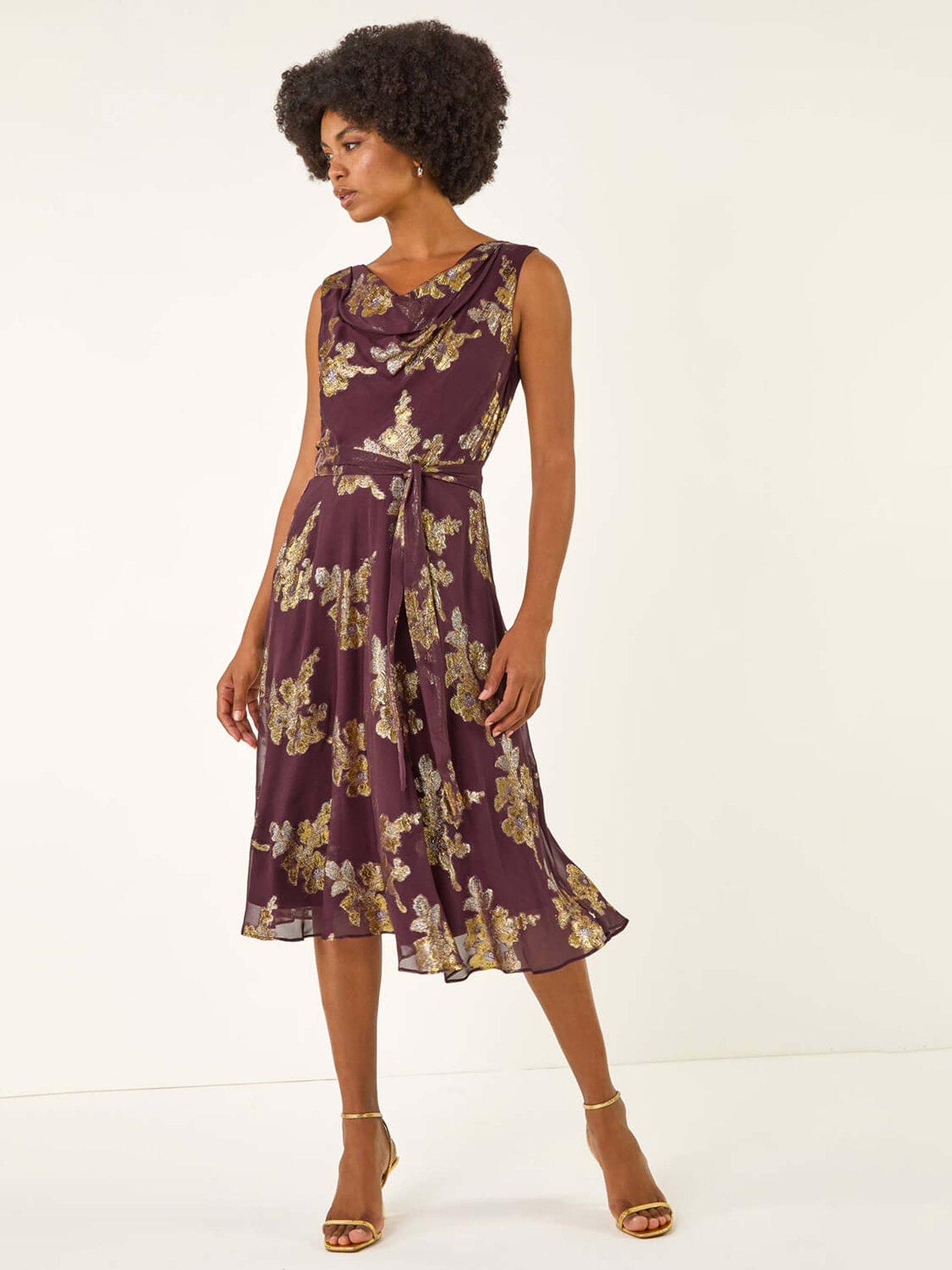 undefined Metallic Jacquard Cowl Neck Midi Dress - Purple