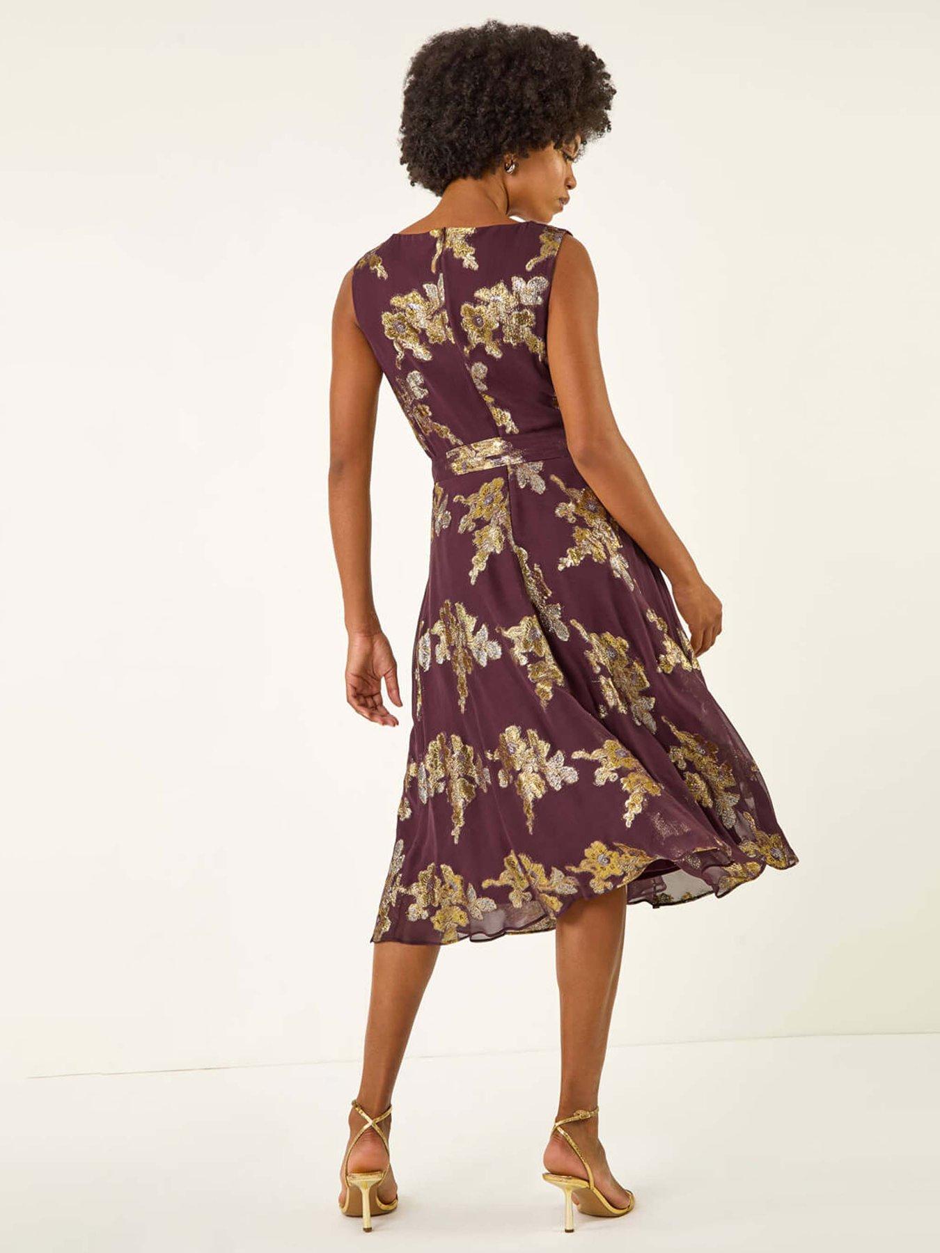 Image 2 of 5 of Roman Metallic Jacquard Cowl Neck Midi Dress - Purple