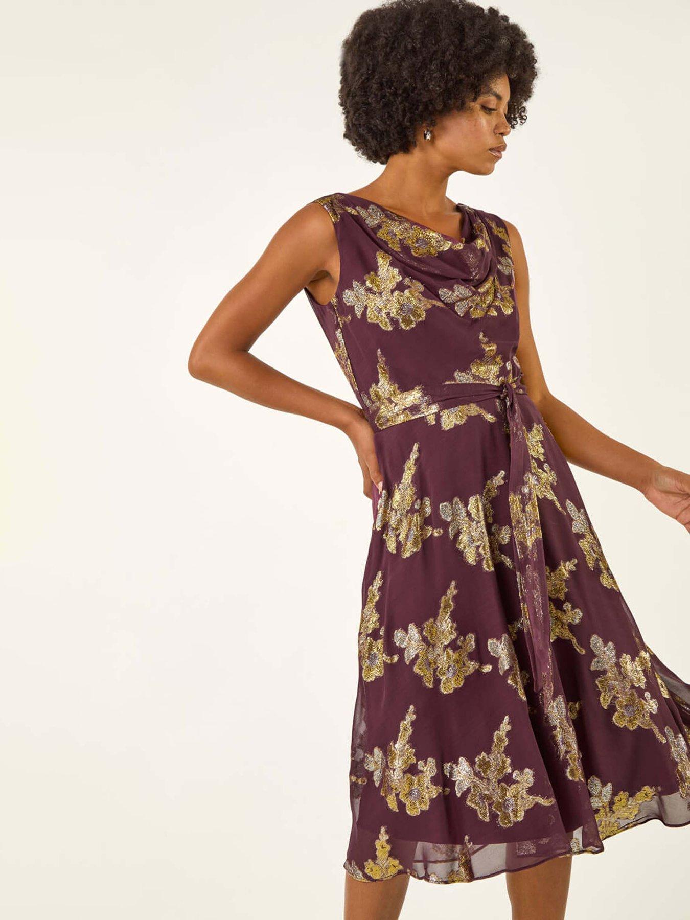 Image 3 of 5 of Roman Metallic Jacquard Cowl Neck Midi Dress - Purple