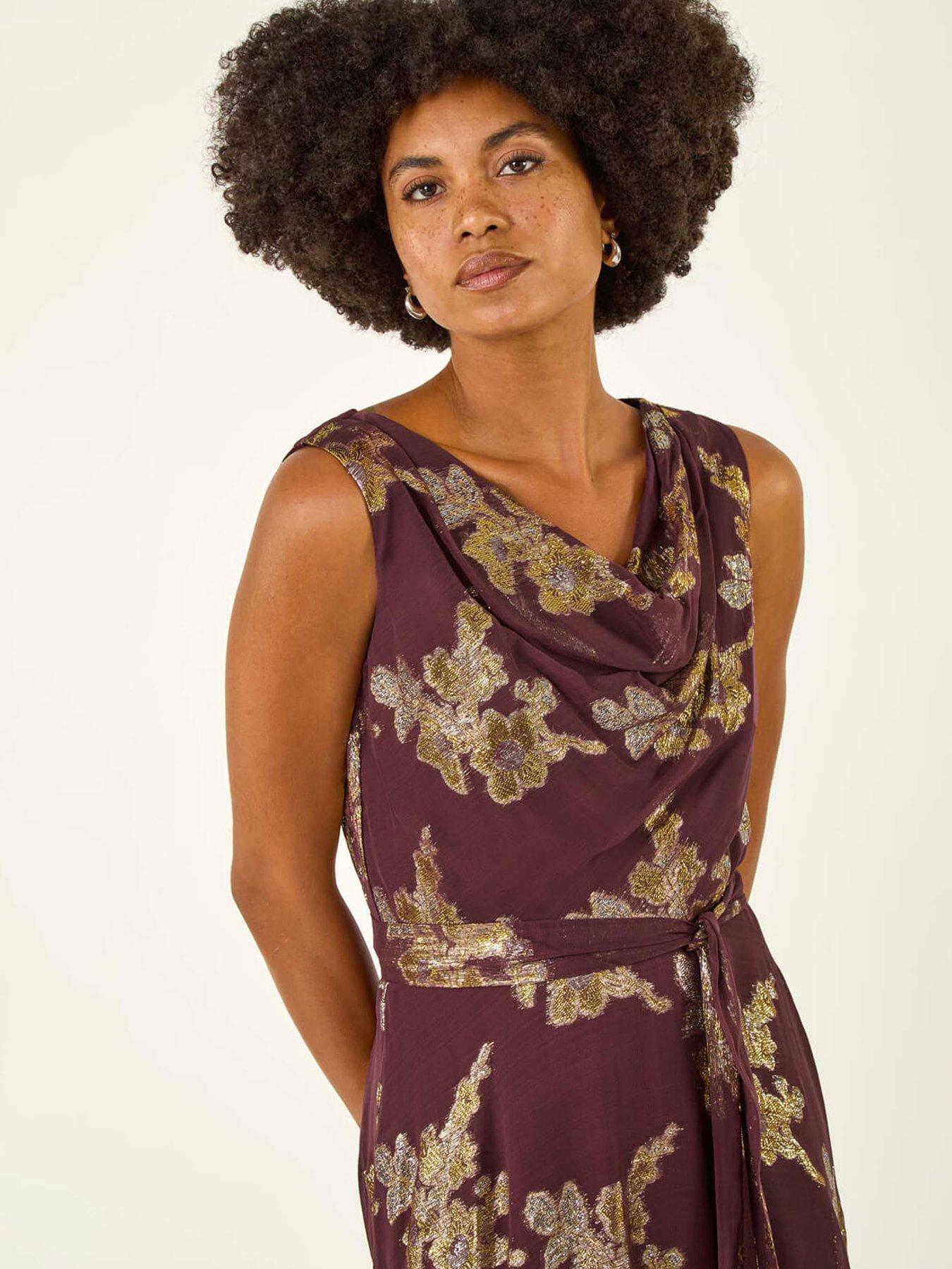 Image 4 of 5 of Roman Metallic Jacquard Cowl Neck Midi Dress - Purple