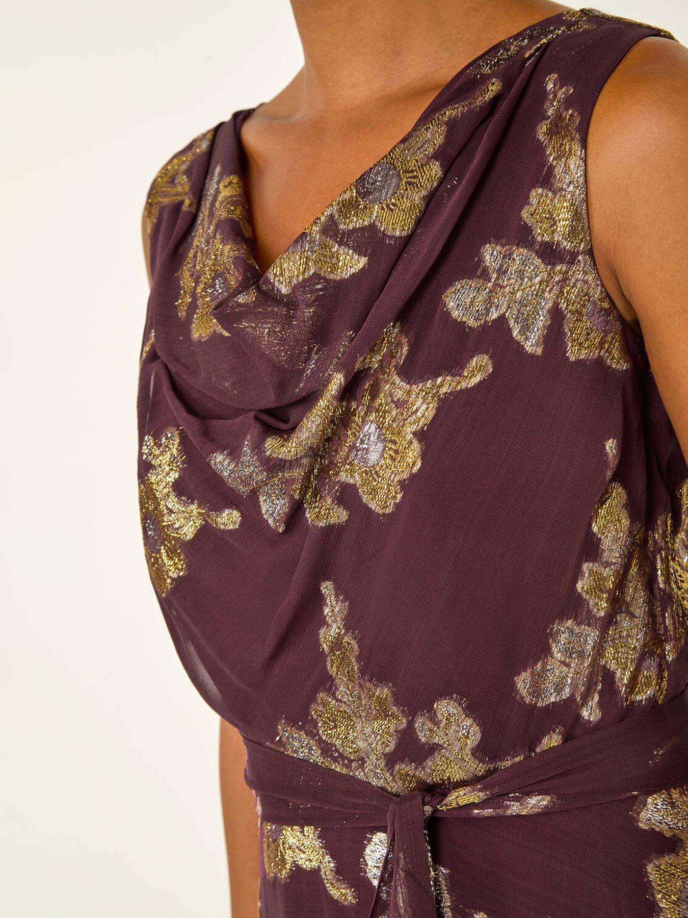 Image 5 of 5 of Roman Metallic Jacquard Cowl Neck Midi Dress - Purple