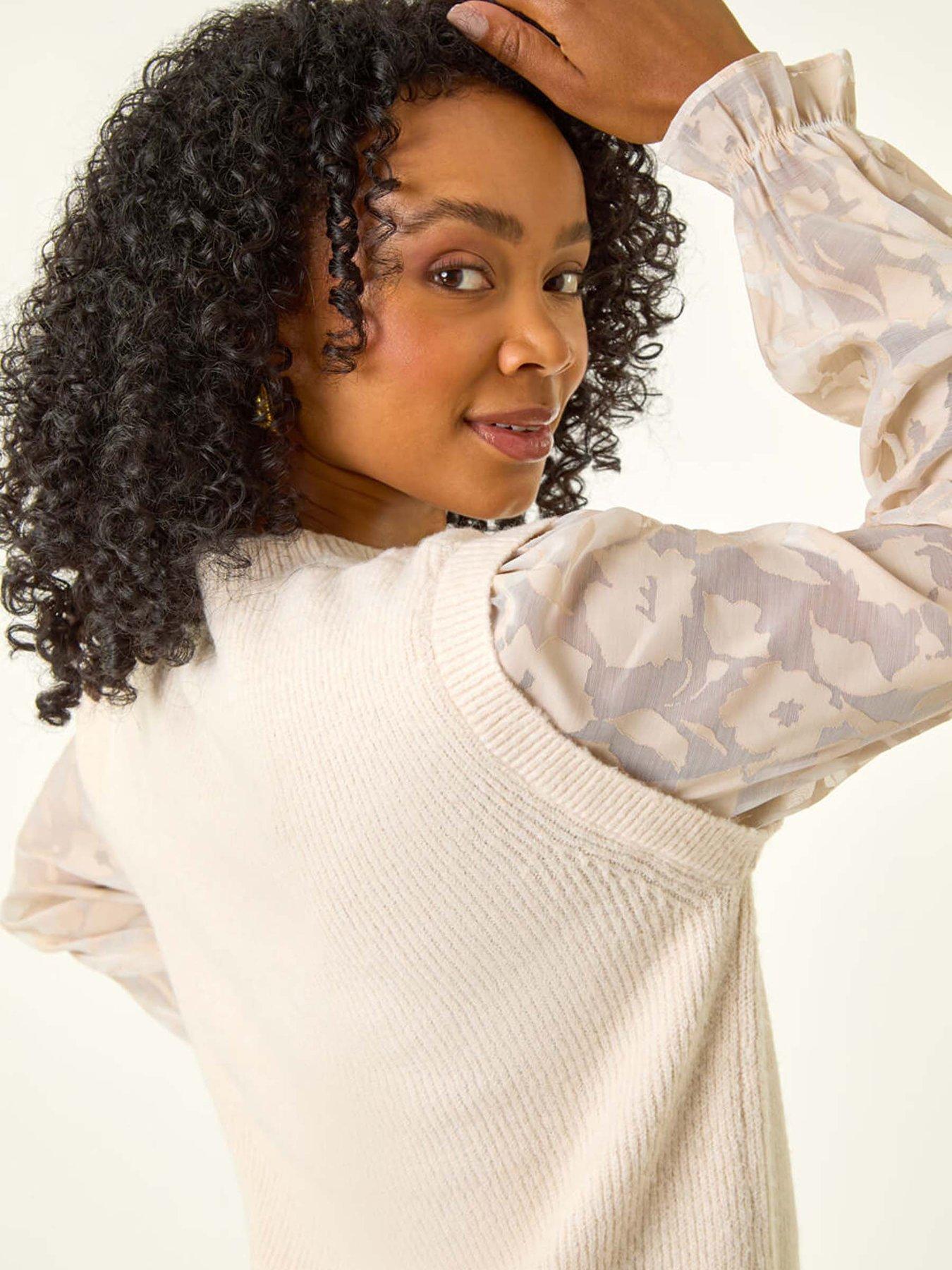  image of roman-petite-knit-jacquard-sleeve-jumper-white