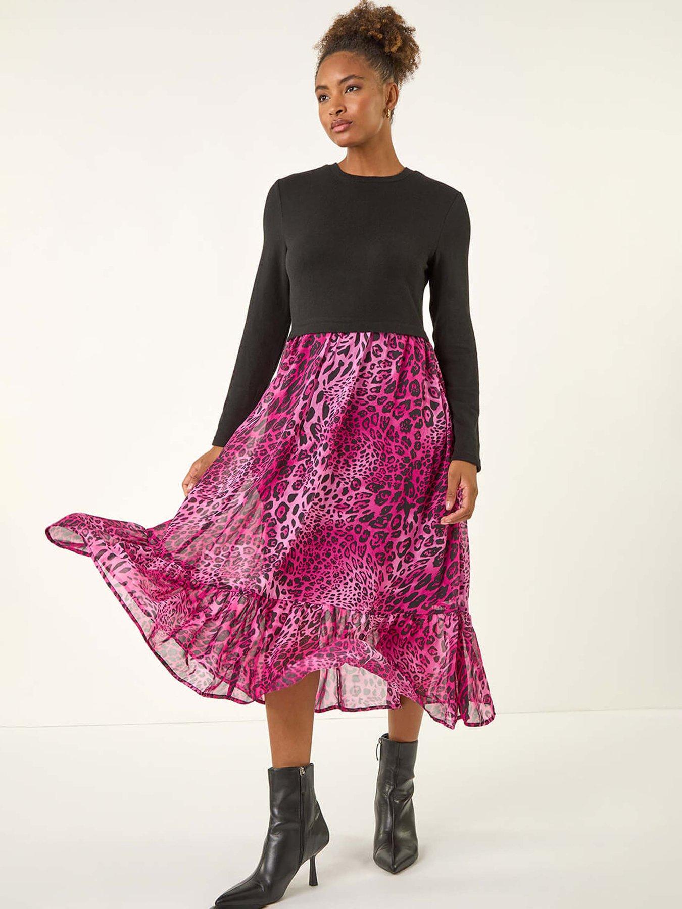 Roman Animal Print Stretch Midi Dress - Pink