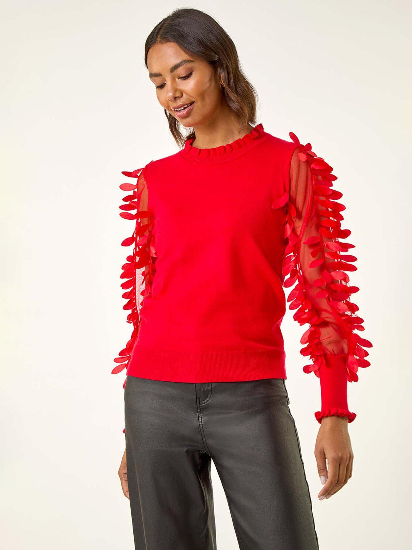 Image 1 of 5 of Roman Sheer Feather Sleeved Jumper - Red