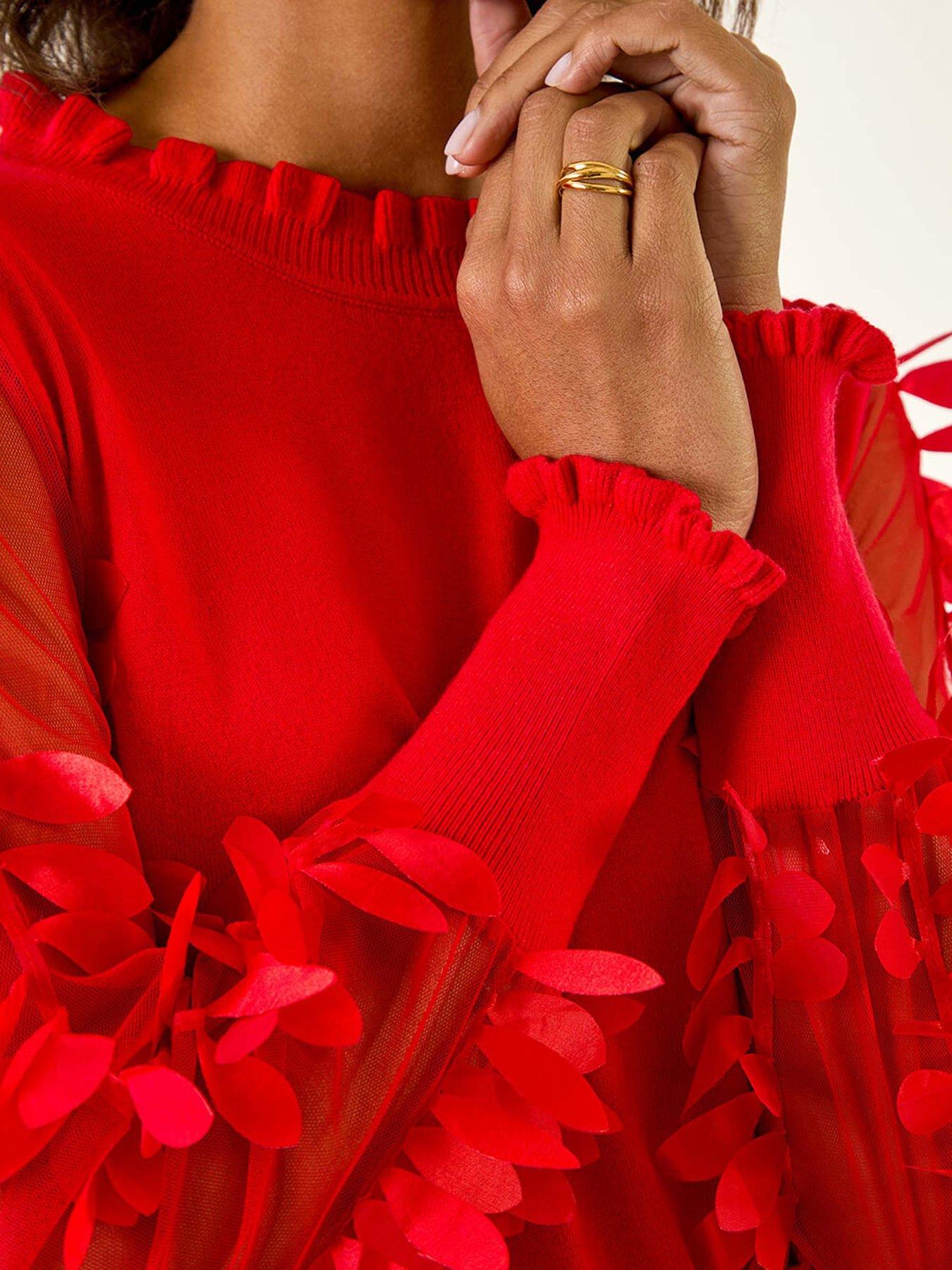 Image 5 of 5 of Roman Sheer Feather Sleeved Jumper - Red