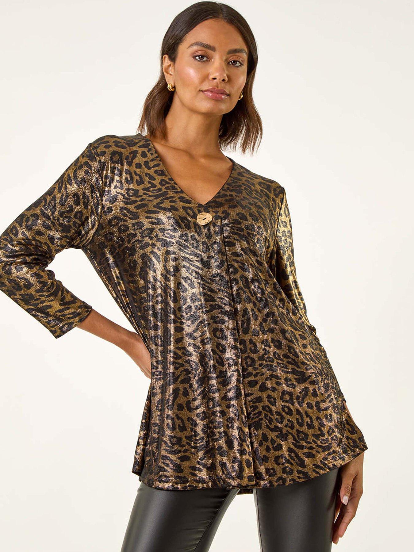  image of roman-metallic-animal-print-tunic-top-gold