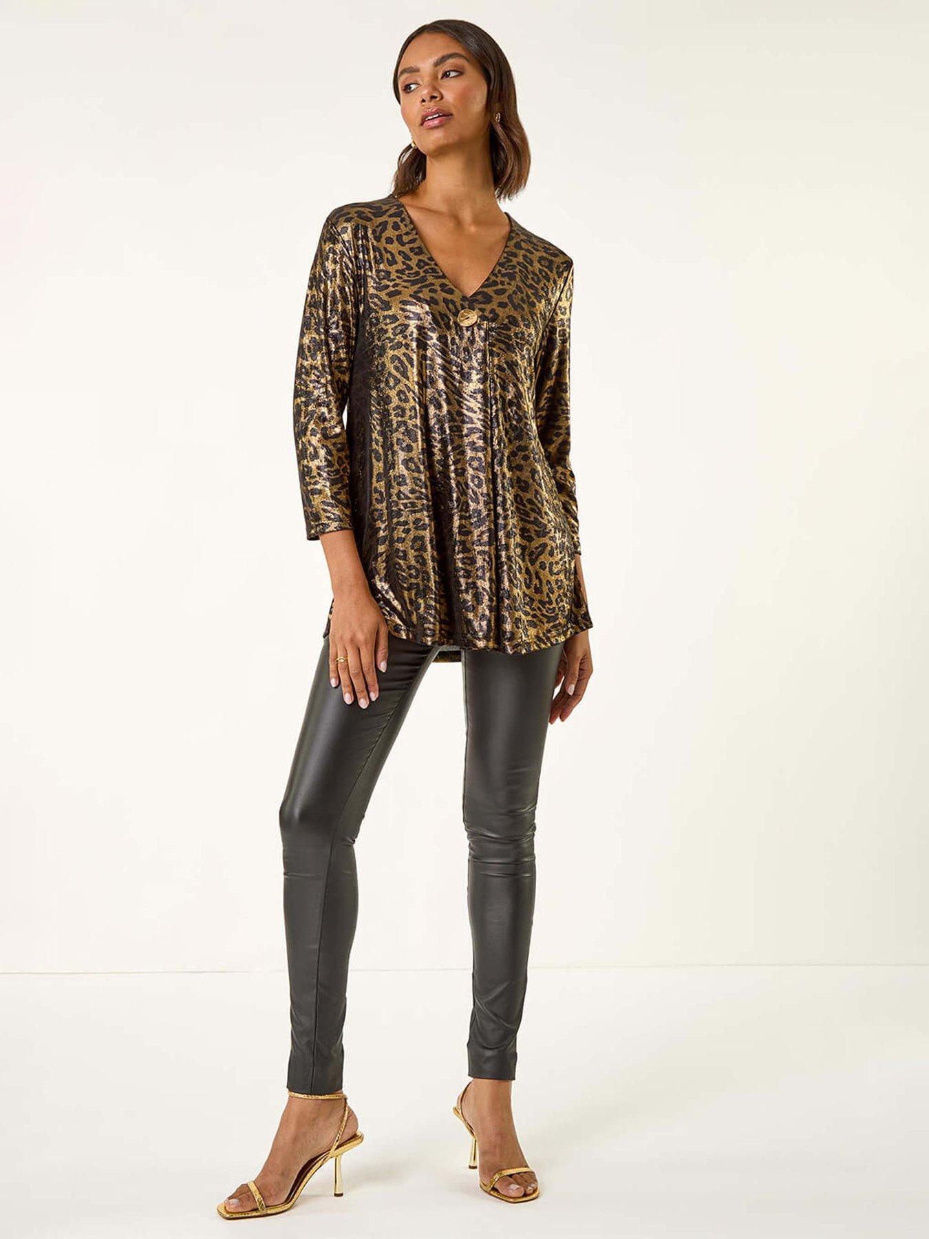  image of roman-metallic-animal-print-tunic-top-gold