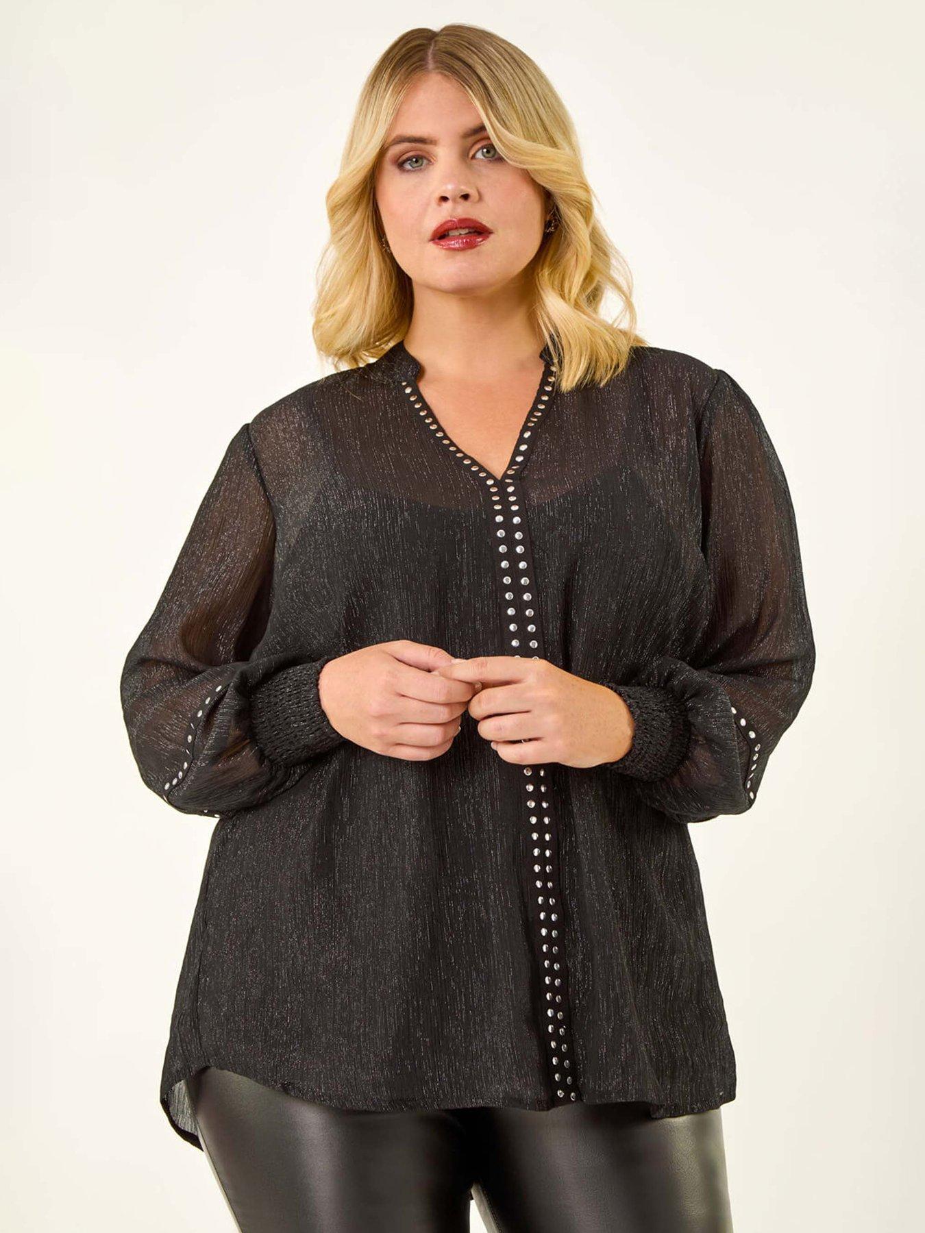 front image of roman-curve-shimmer-chiffon-blouse-black
