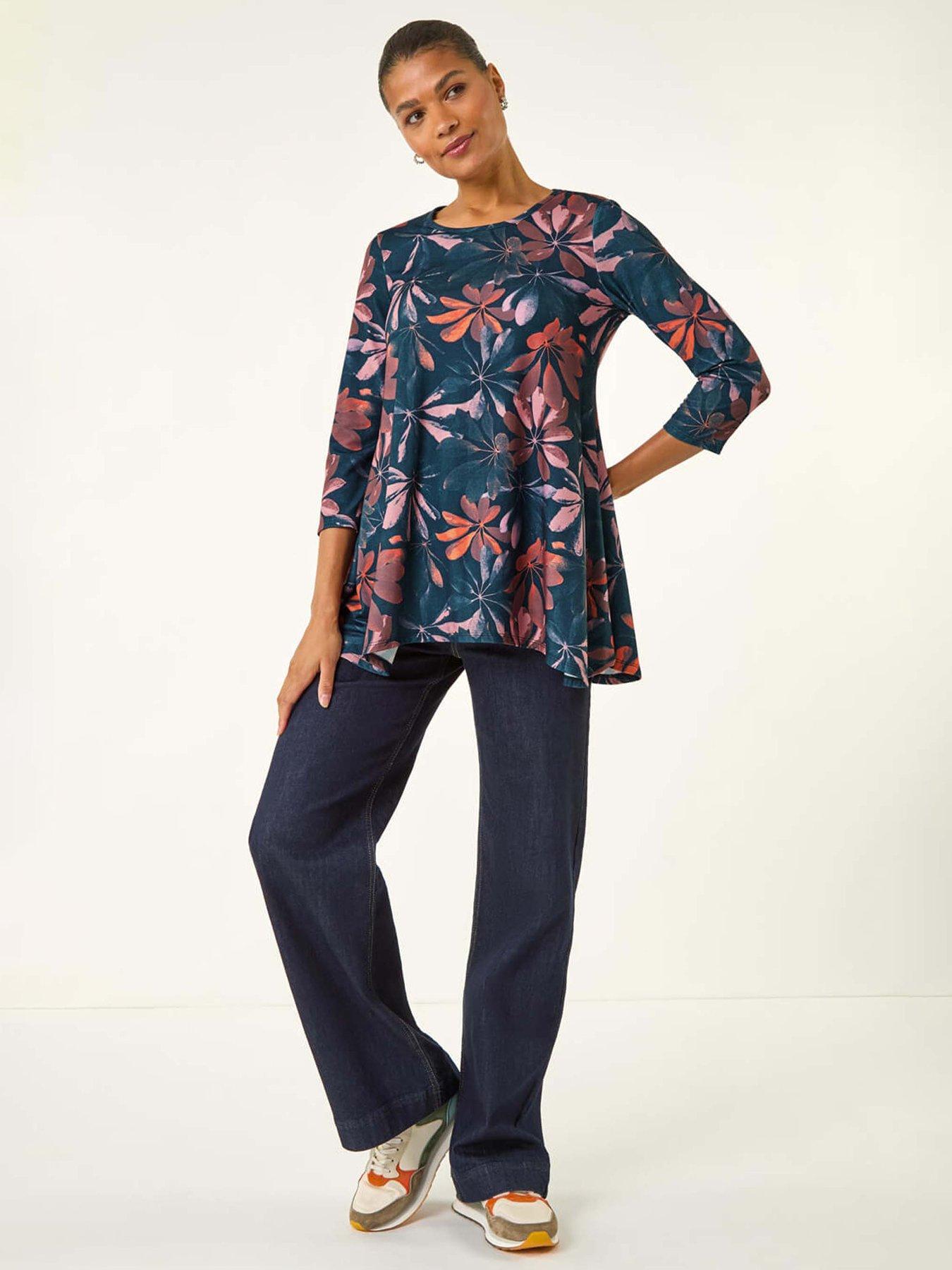 Image 3 of 6 of Roman Floral Hanky Hem Stretch Top - Blue
