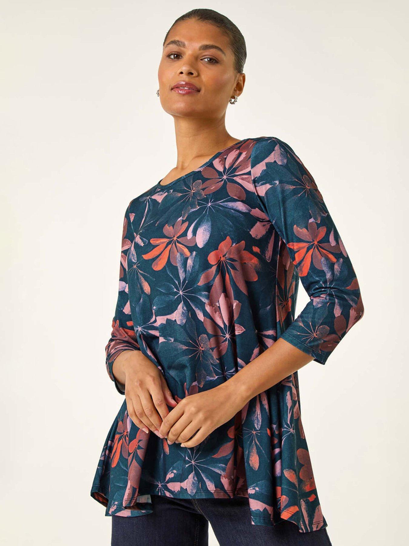 Image 4 of 6 of Roman Floral Hanky Hem Stretch Top - Blue