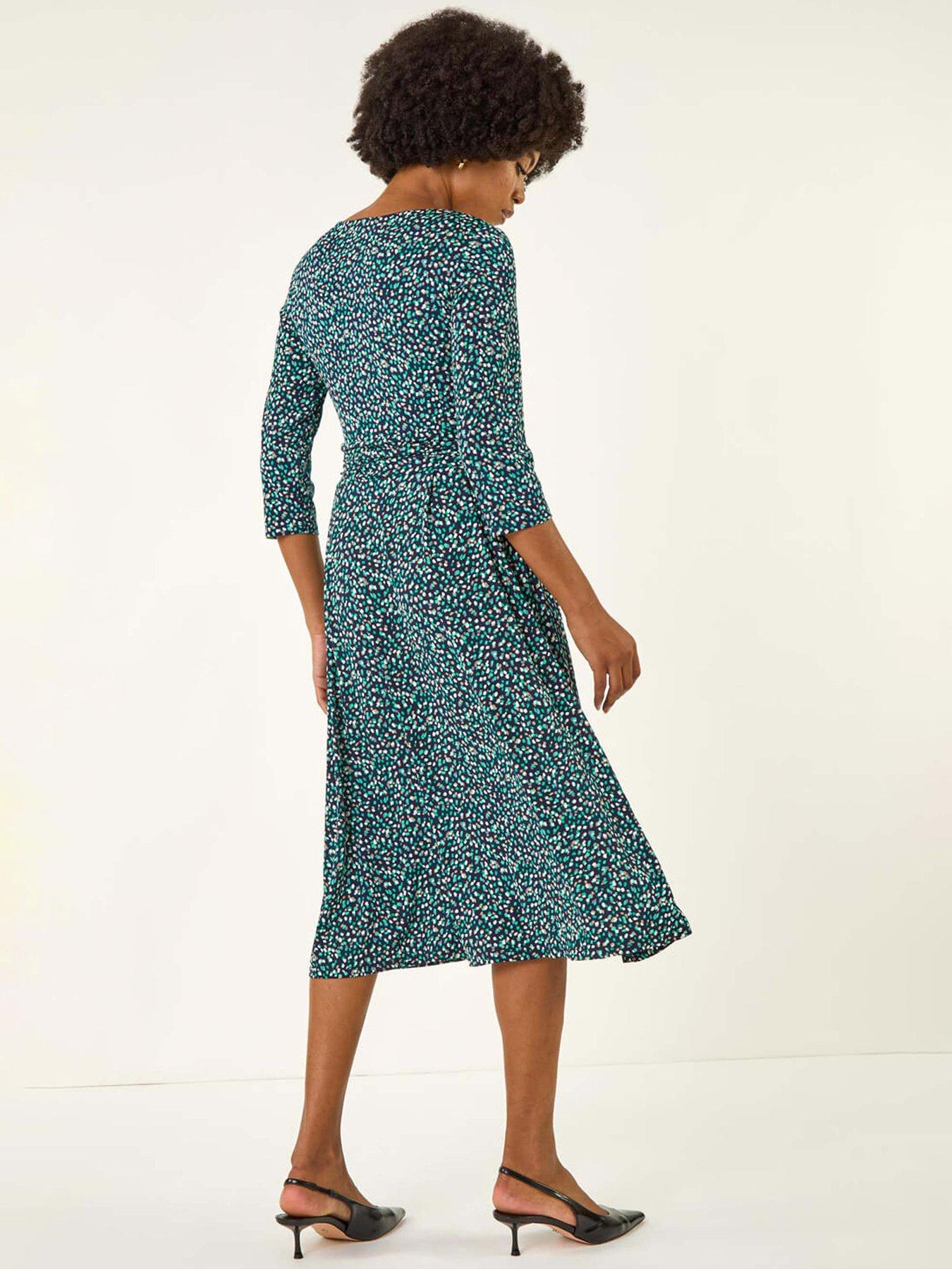 Image 2 of 5 of Roman Abstract Print Gathered Stretch Midi Dress - Green
