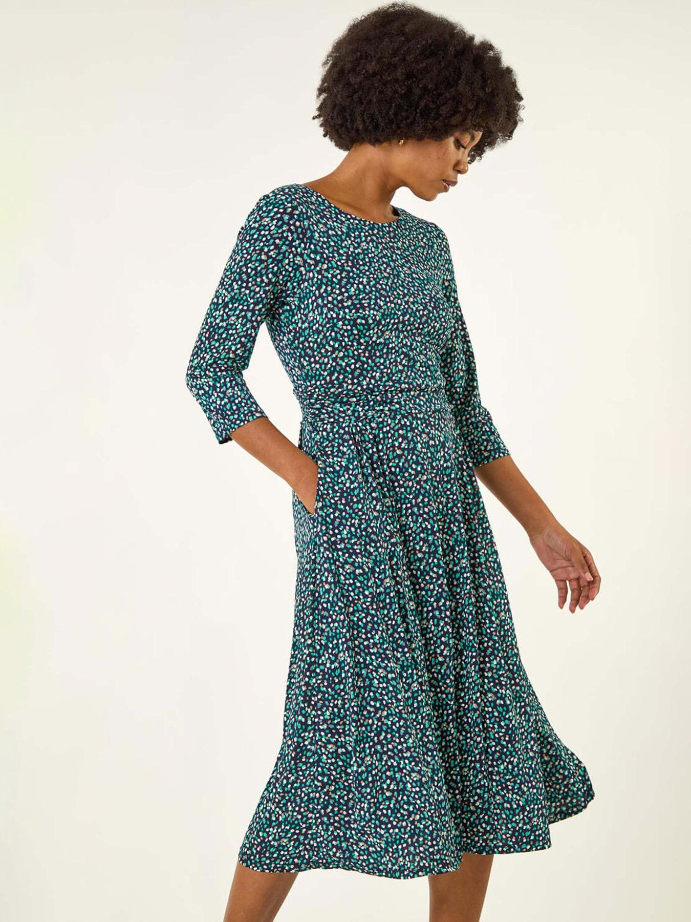 Image 3 of 5 of Roman Abstract Print Gathered Stretch Midi Dress - Green