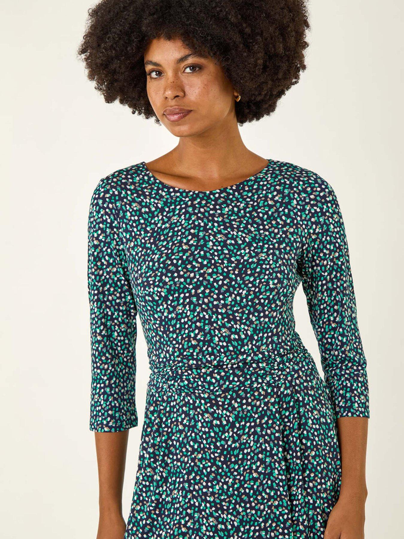 Image 4 of 5 of Roman Abstract Print Gathered Stretch Midi Dress - Green