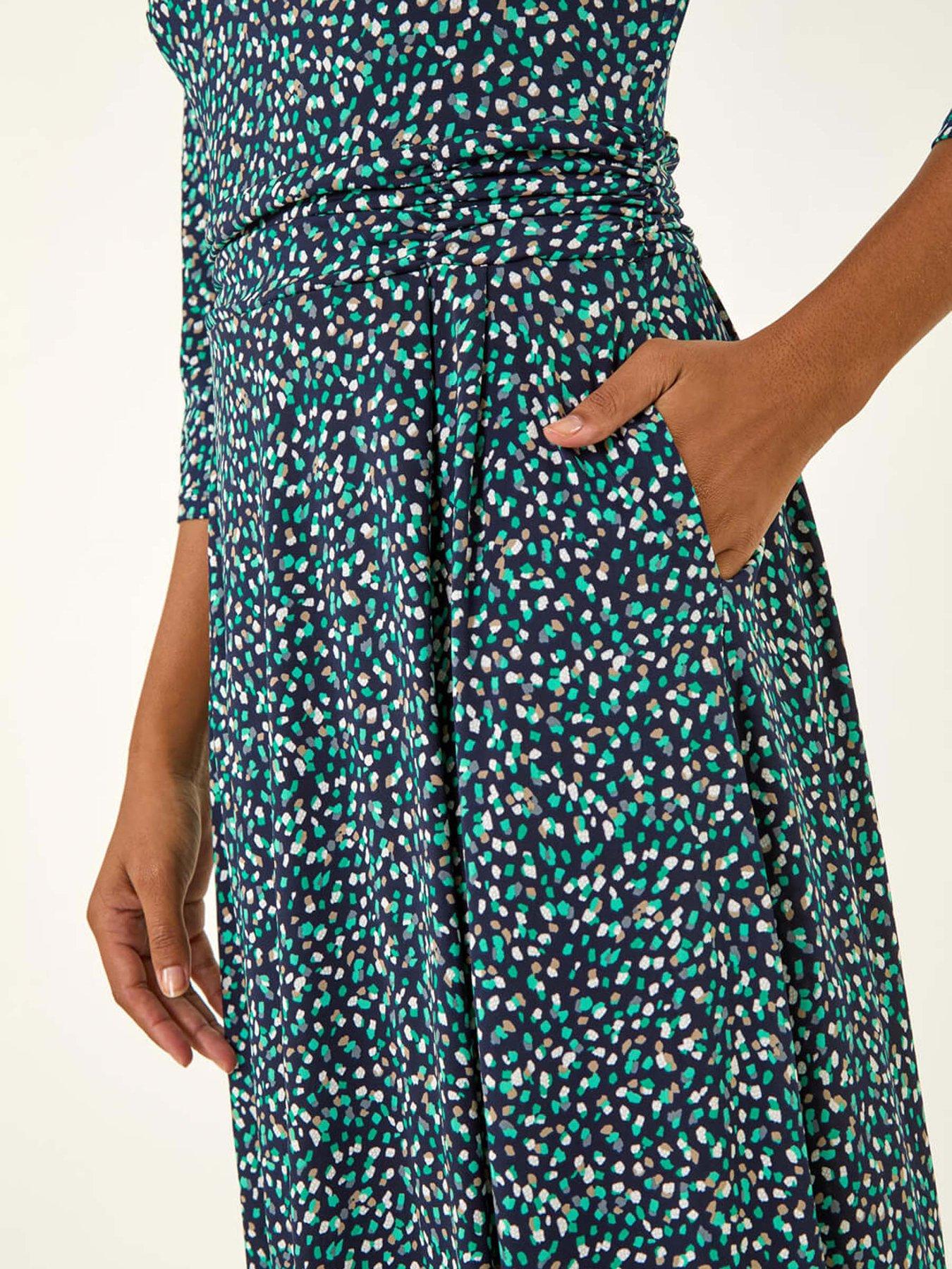 Image 5 of 5 of Roman Abstract Print Gathered Stretch Midi Dress - Green