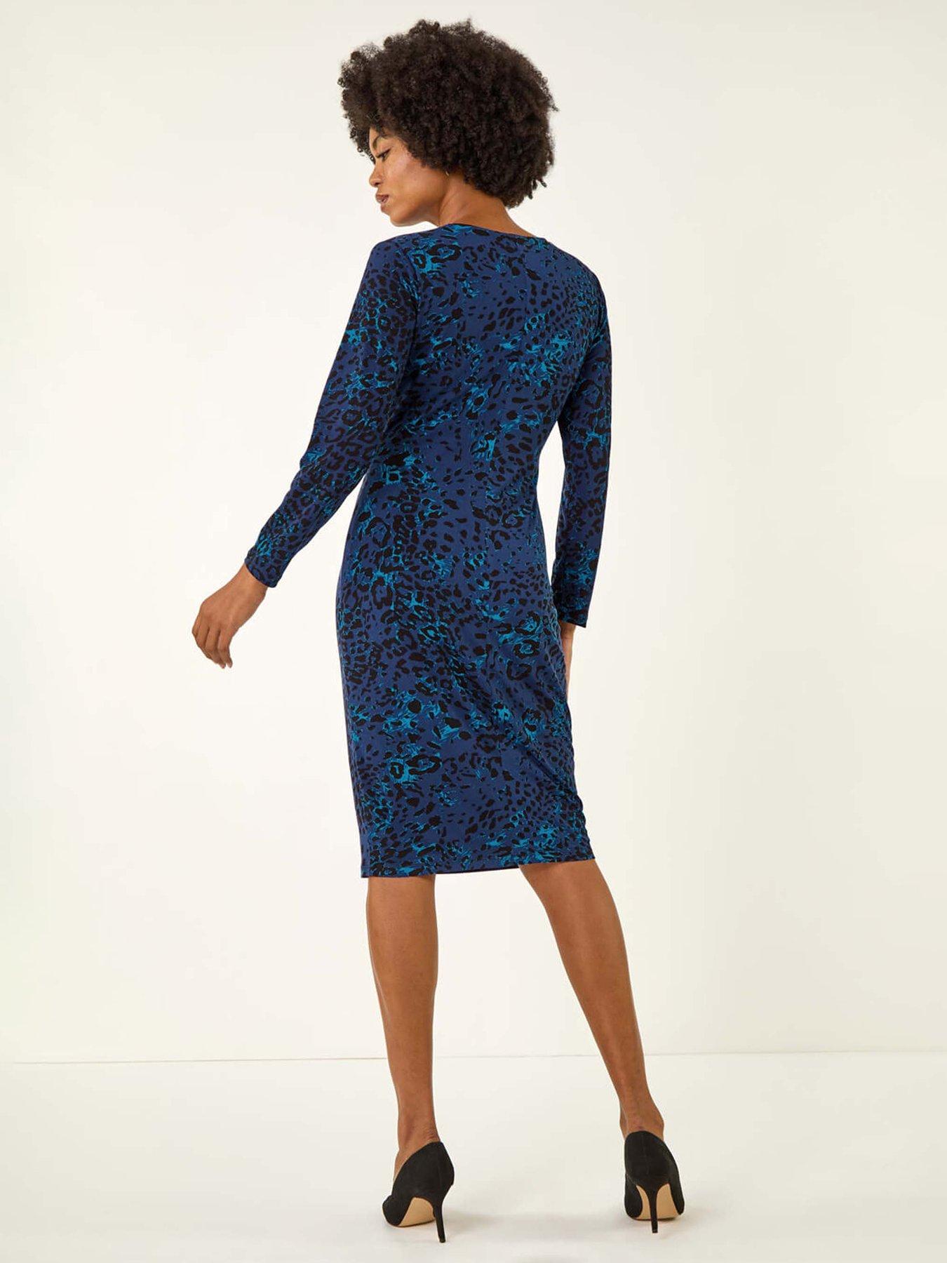 Image 2 of 5 of Roman Animal Print Chain Detail Dress - Blue
