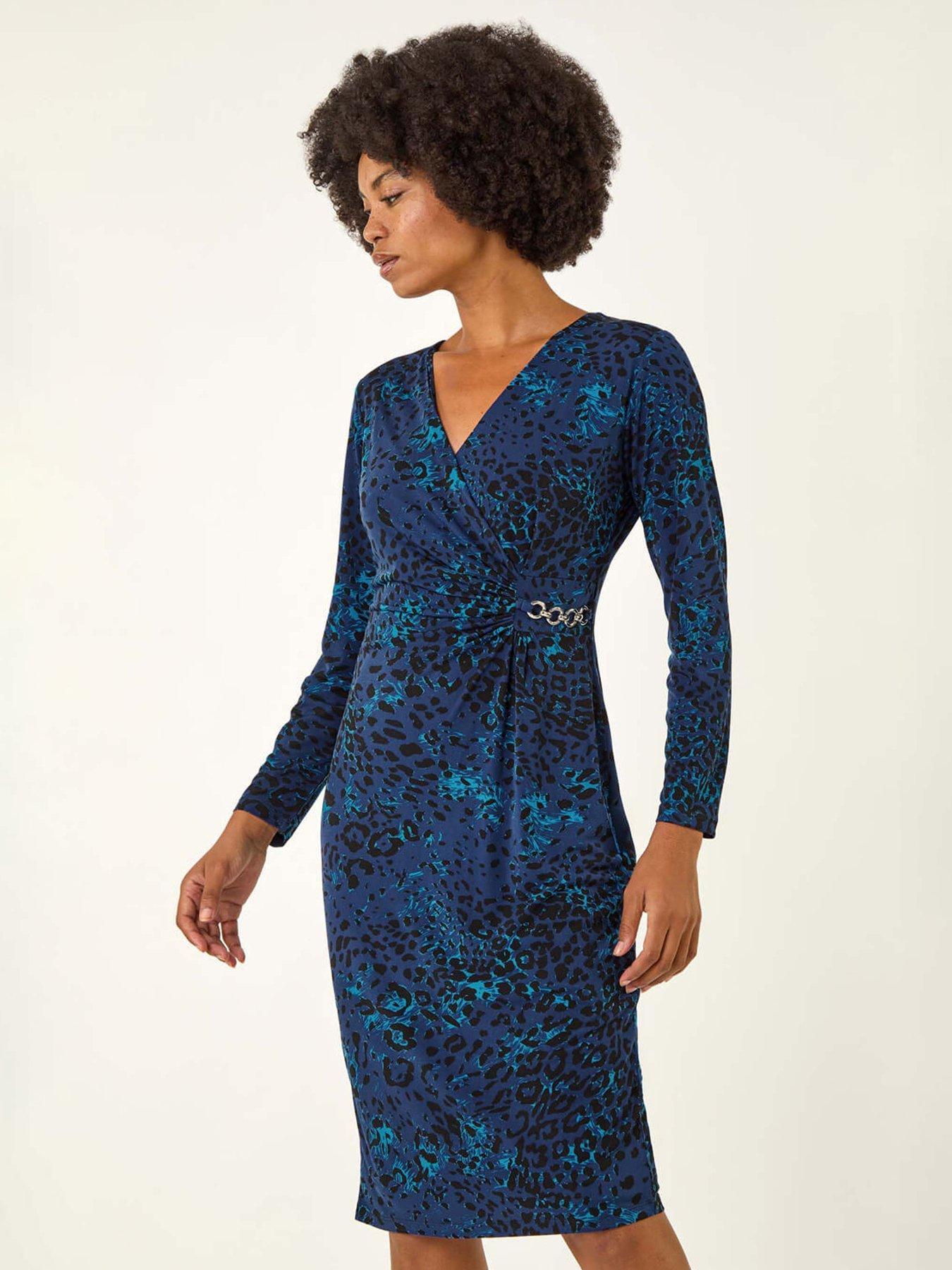 Image 3 of 5 of Roman Animal Print Chain Detail Dress - Blue