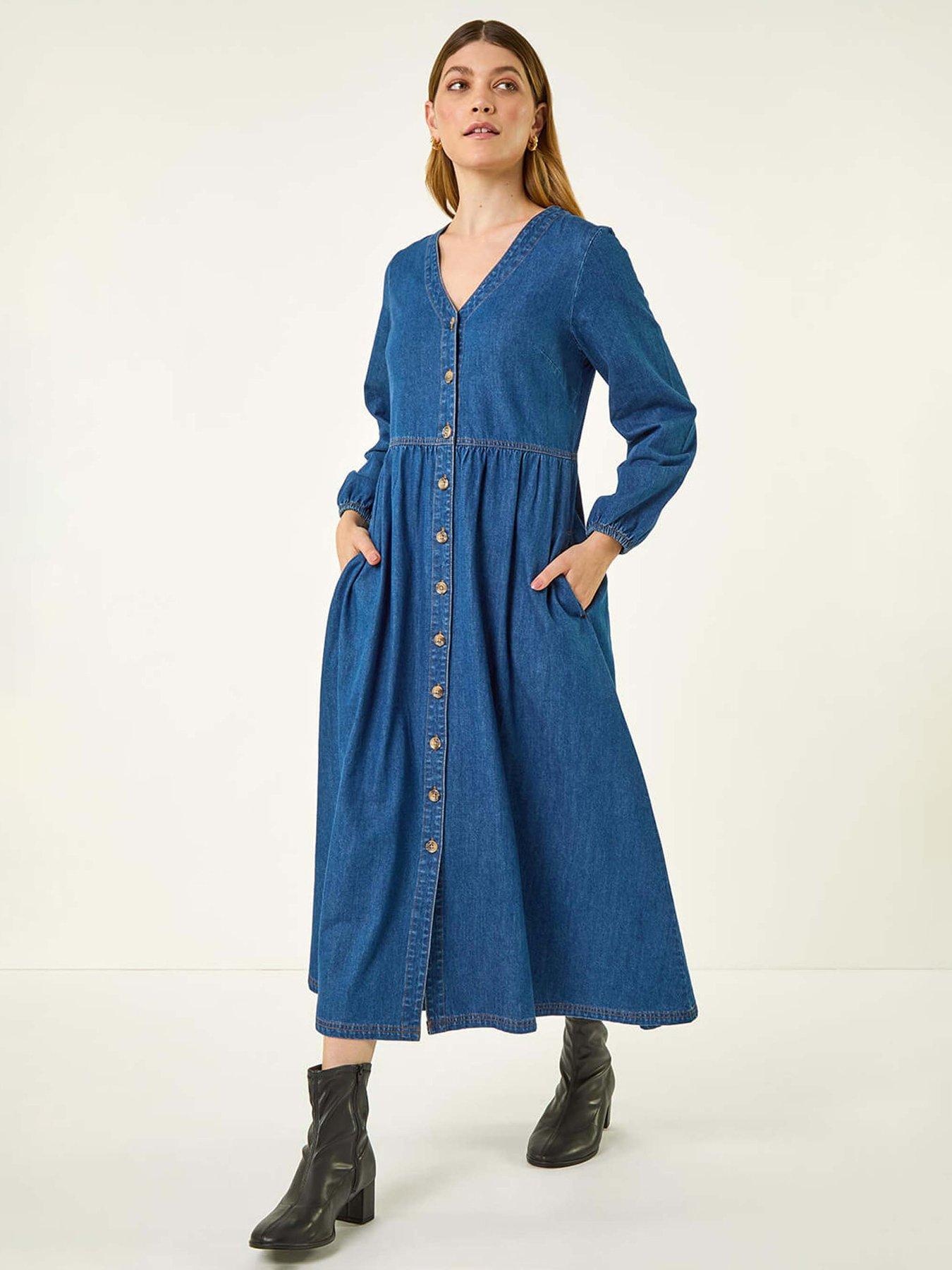 Image 1 of 5 of Roman Denim Button Midi Dress&nbsp;- Blue