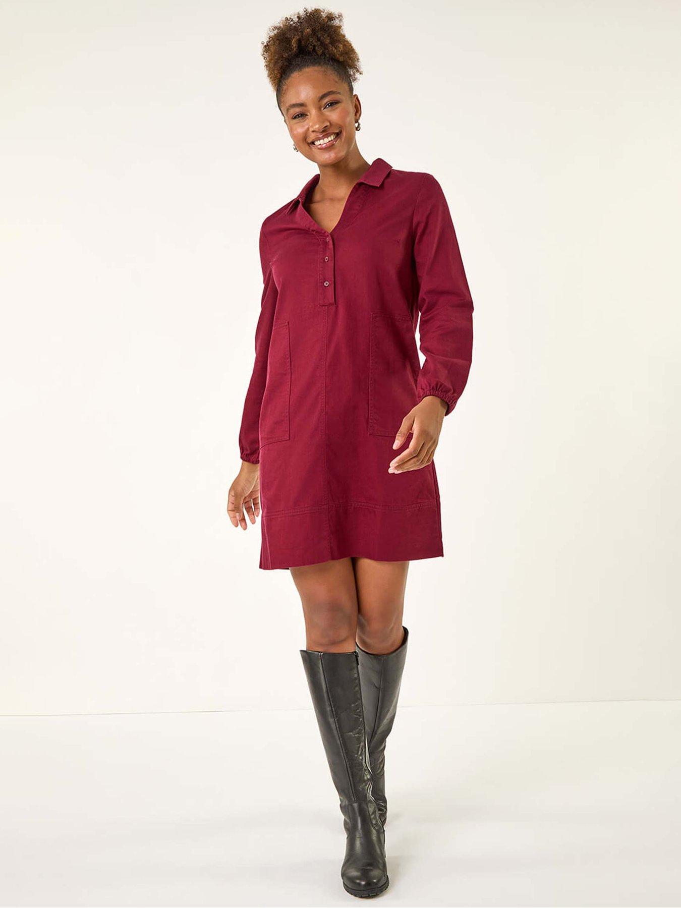  image of roman-collared-shift-shirt-dress-red