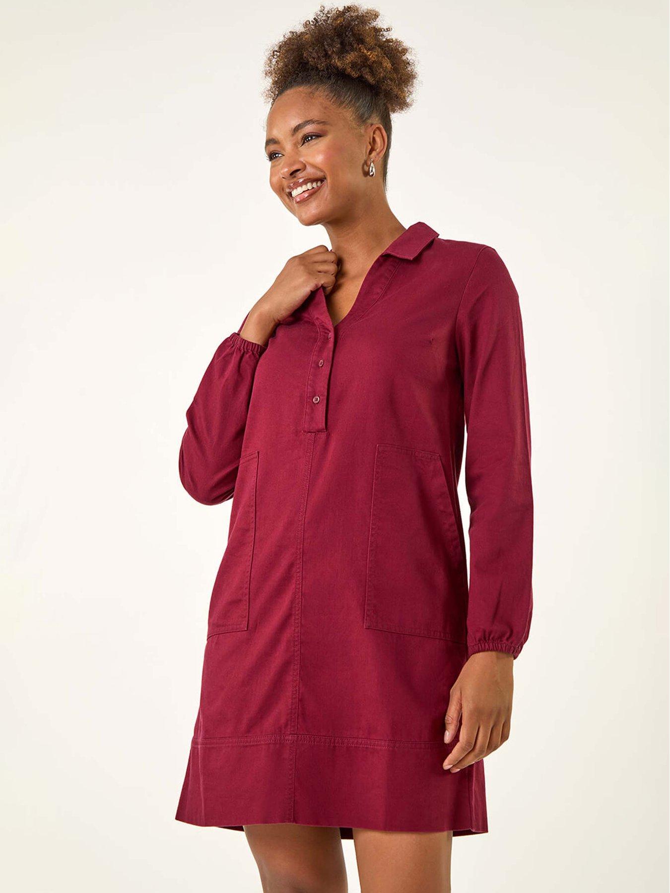 image of roman-collared-shift-shirt-dress-red